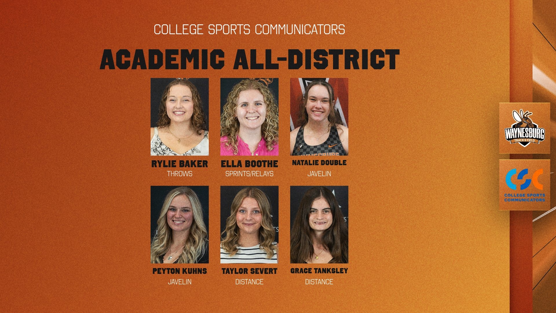 Graphic featuring the headshots of the six women's track & field athletes named CSC Academic All-District
