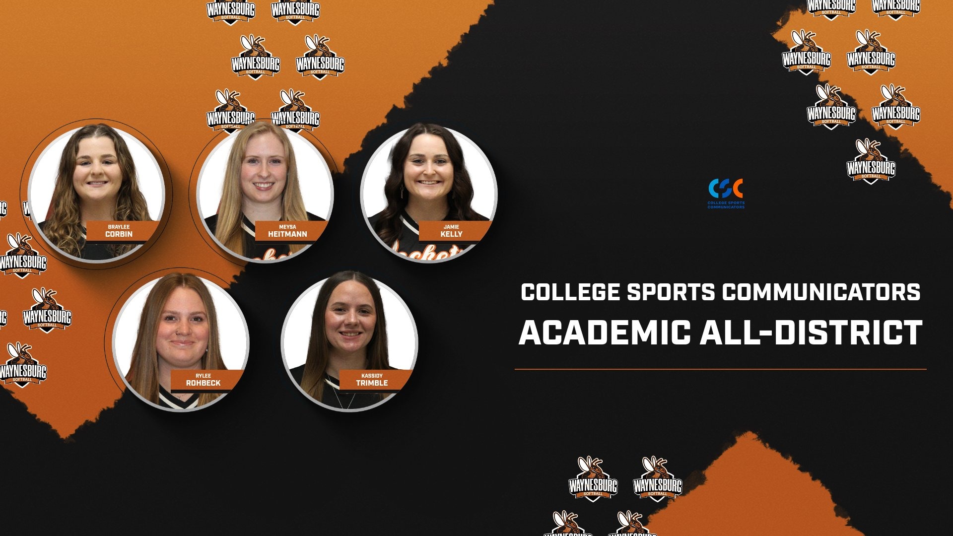 Graphic with headshots of five softball players honored by CSC for academic and athletic excellence
