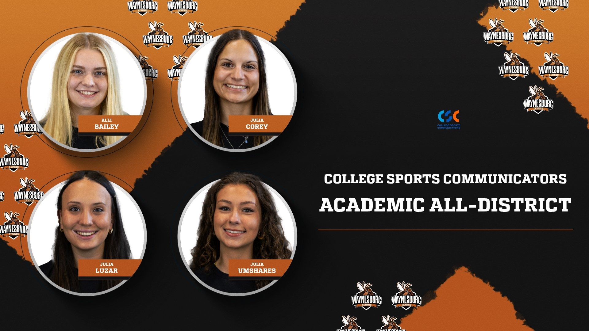 Headshots and graphic of women's tennis player honored as CSC Academic All-District players