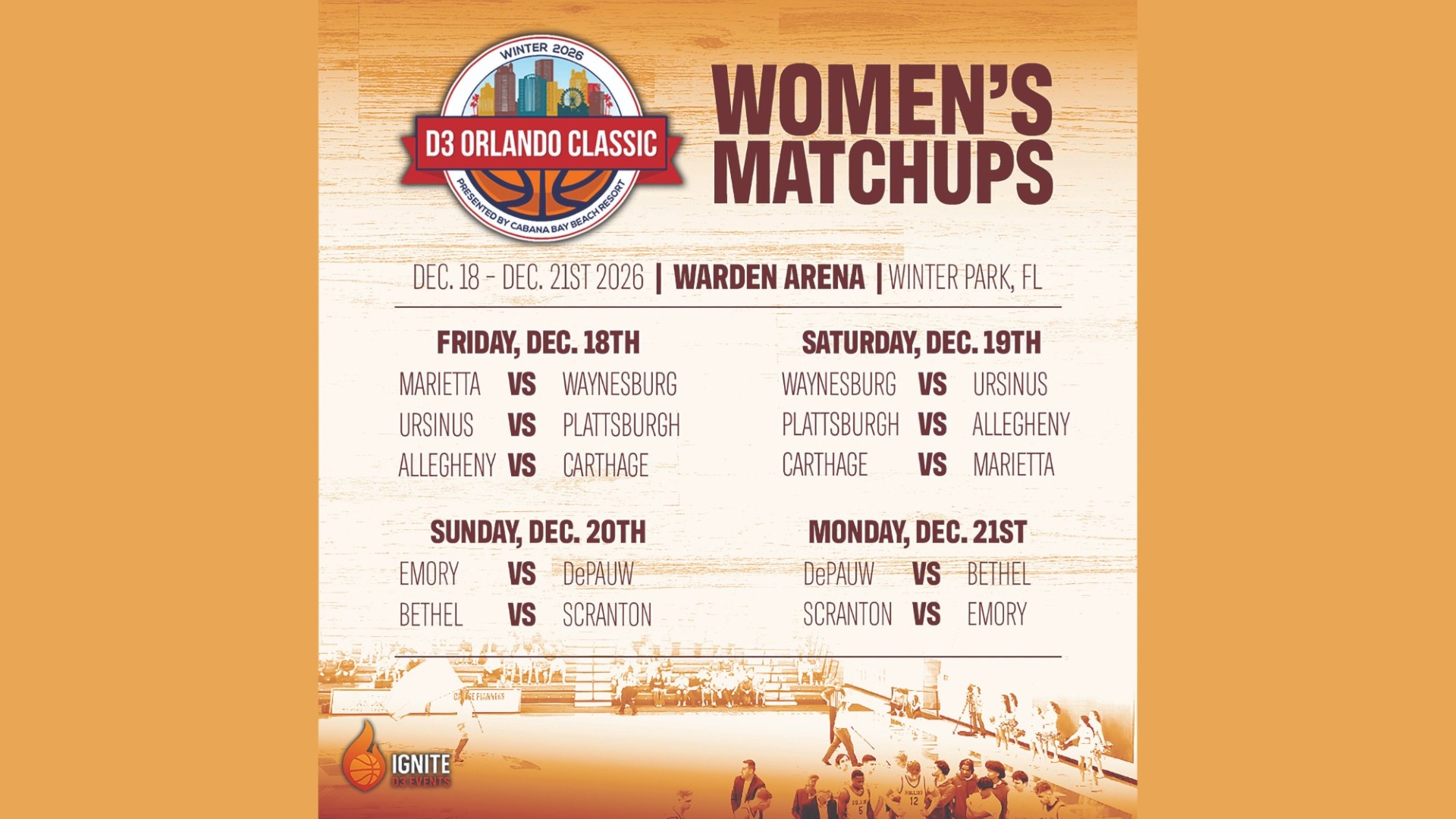 Graphic featuring the schedule for the 2026 D3 Orlando Classic