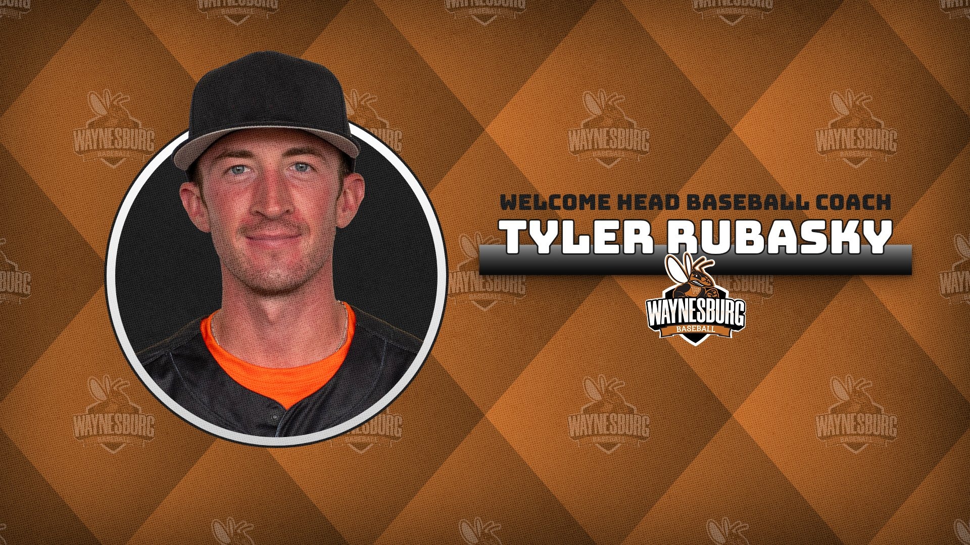 A head shot of new head baseball coach Tyler Rubasky wearing a black baseball cap on an orange graphic