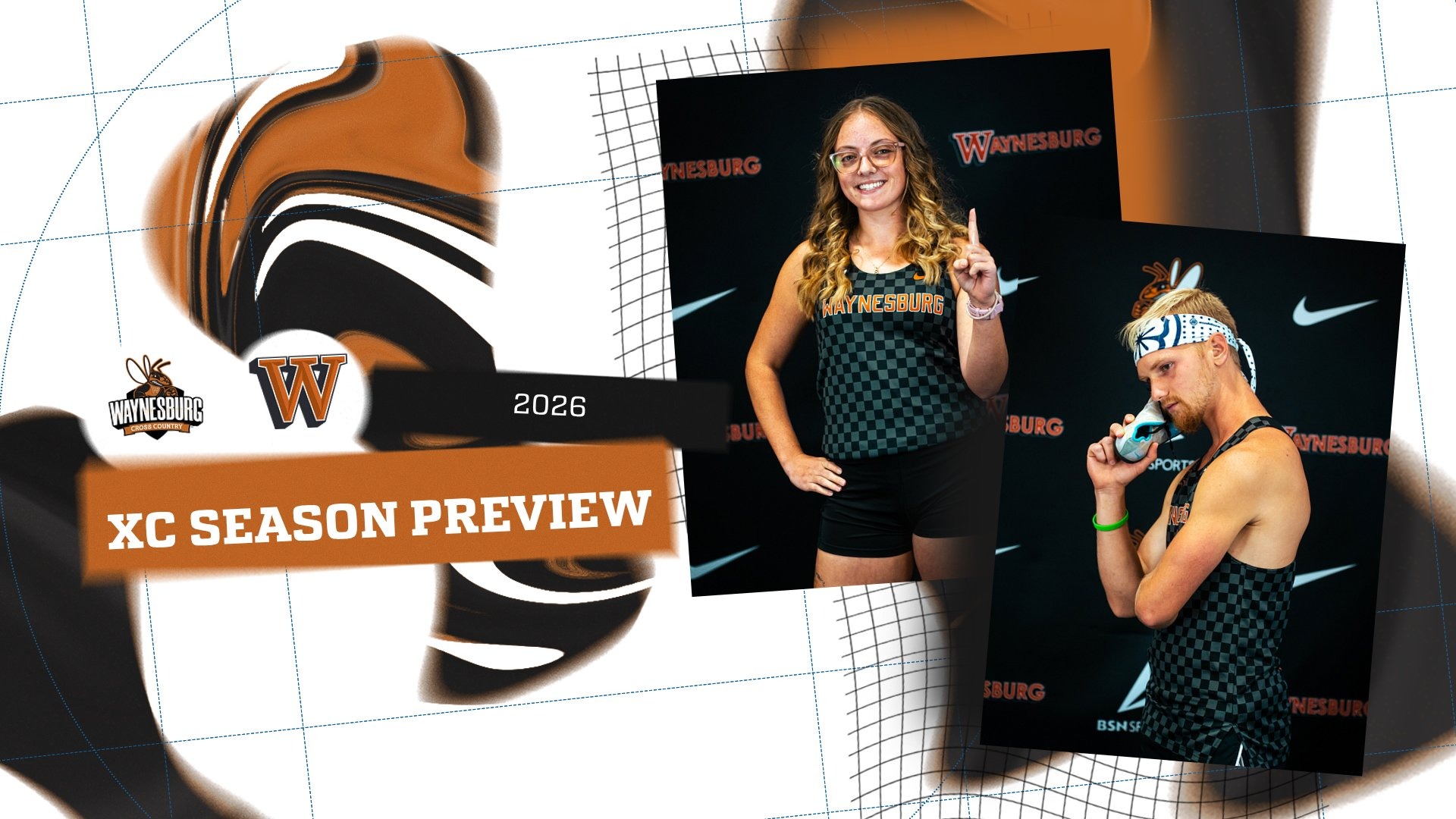 A graphic featuring swirled orange, black and white colors with text and posed pictures of junior Ethan Wilson and senior Chloe Fields