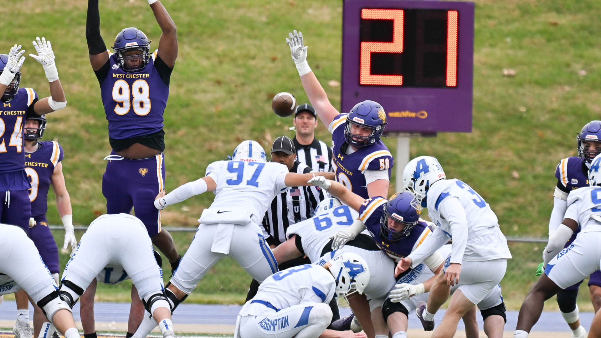 Jack Fry blocks a field goal against Assumption