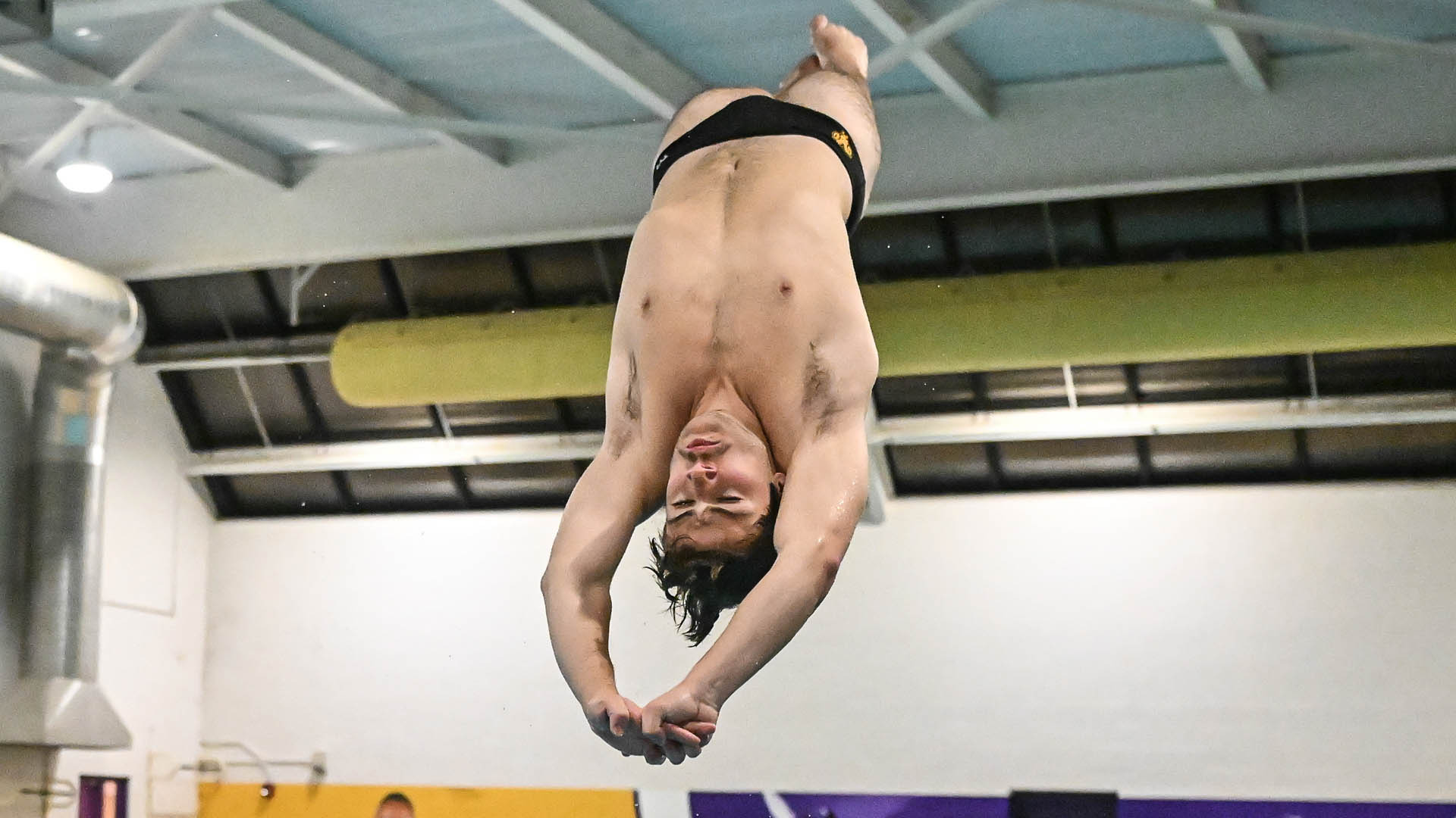 Dominick Horning performs a back dive at Hollinger North Pool