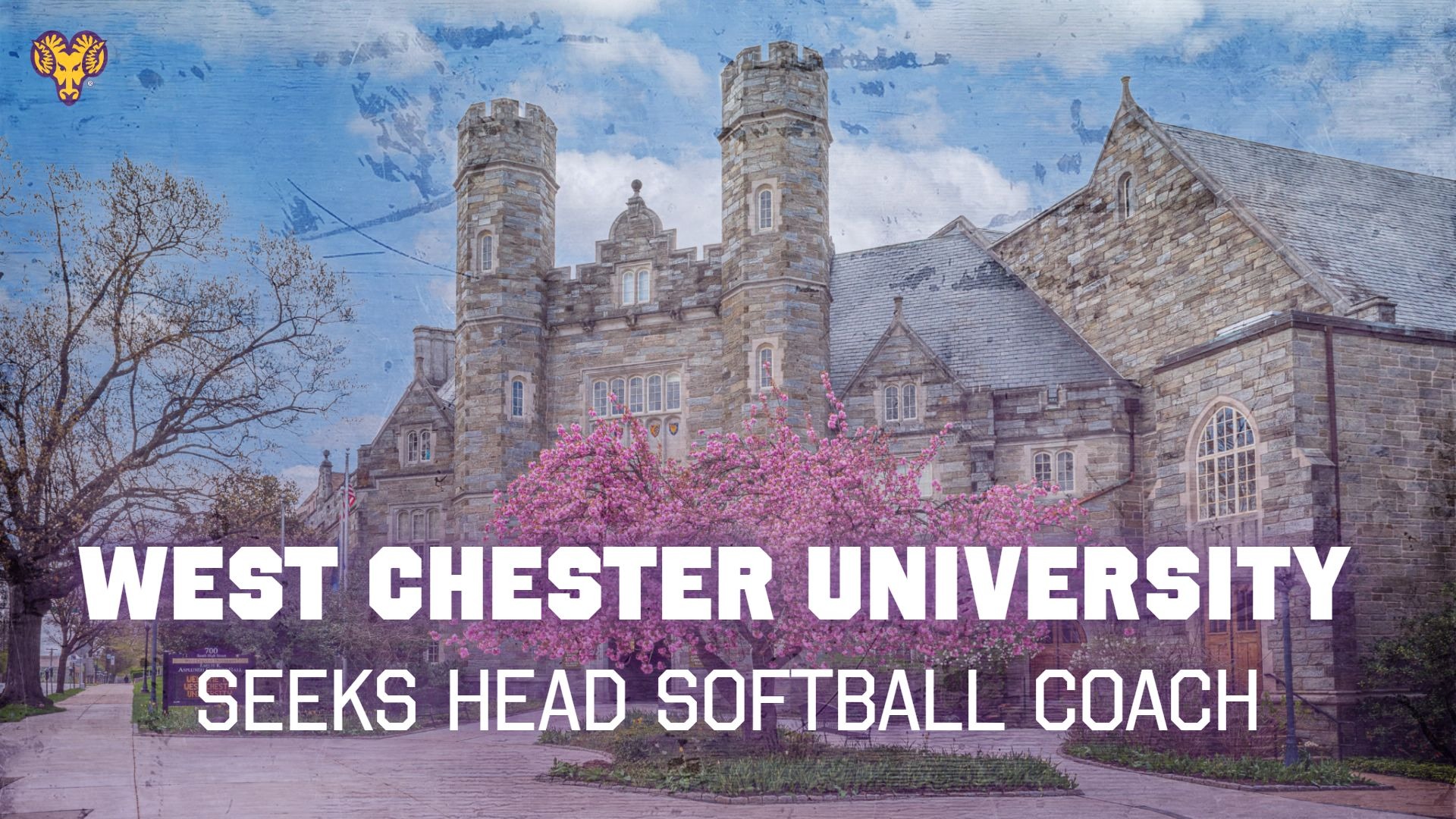 WEST CHESTER UNIVERSITY SEEKS HEAD SOFTBALL COACH WITH PICTURE ASPLUNDH CASTLE IN BACKGROUND WITH PURPLE GRADIENT BEHIND WHITE TEXT