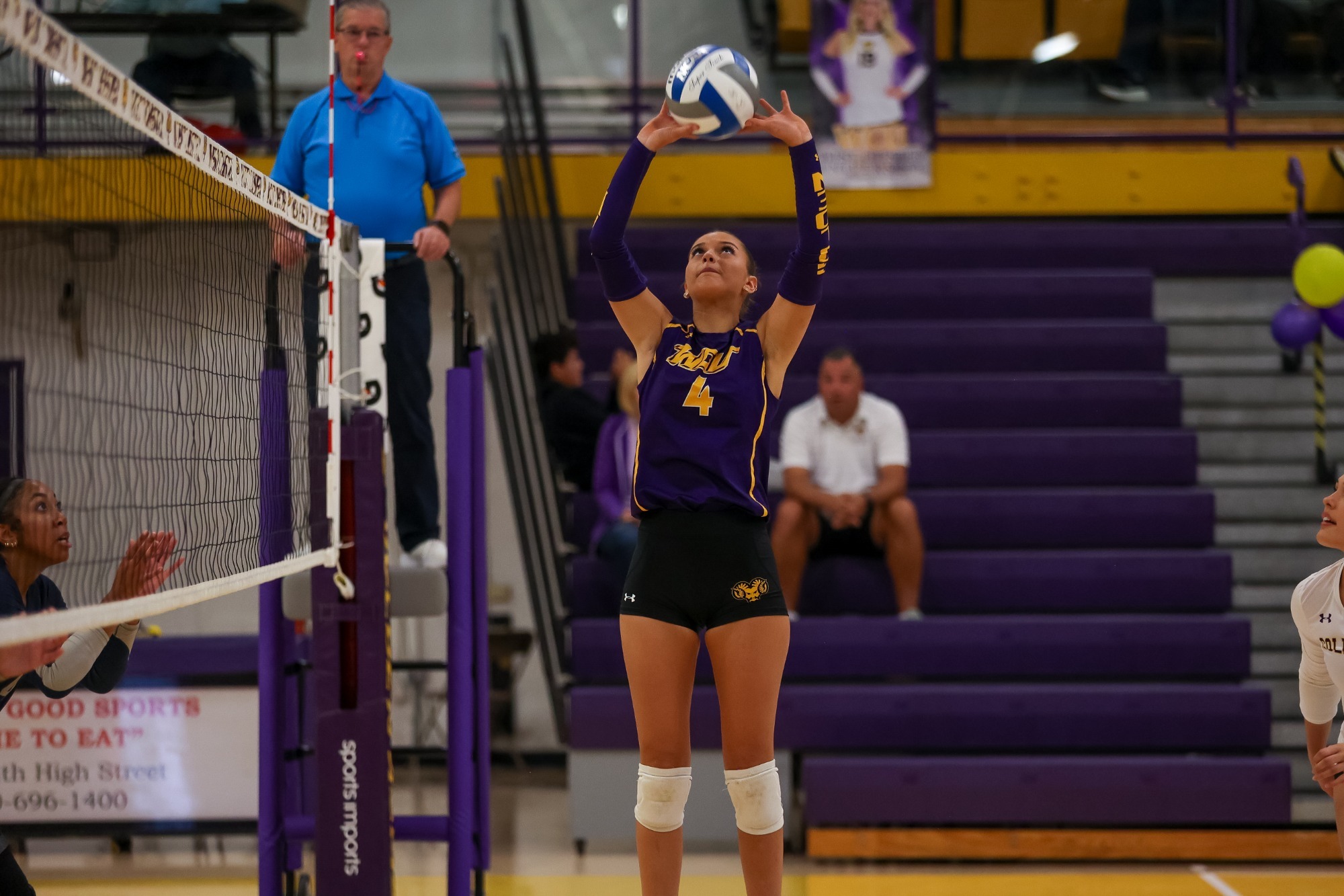 ADDISON HERTZOG WEARING PURPLE SLEEVLESS JERSEY TOP AND GOLDEN RAMS ARM SLEEVES SETTING VS LACKAWANNA