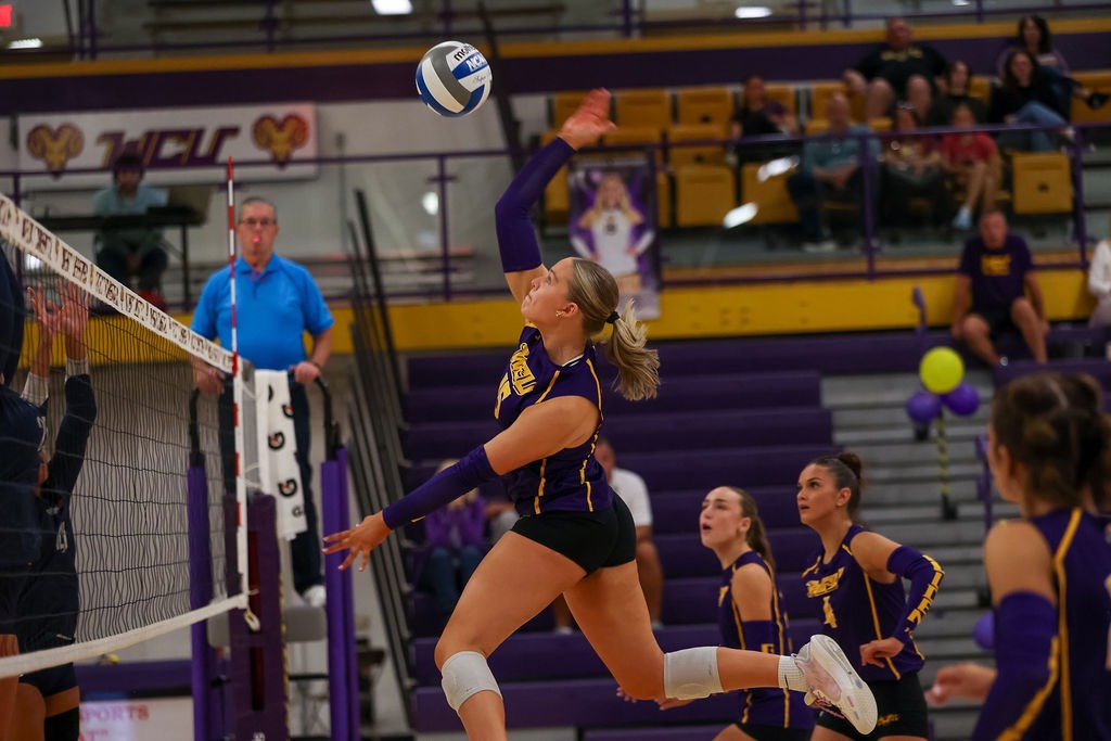 Julia Kwitchoff wearing purple sleeveless uniform elevates for kill in middle against Lackawanna