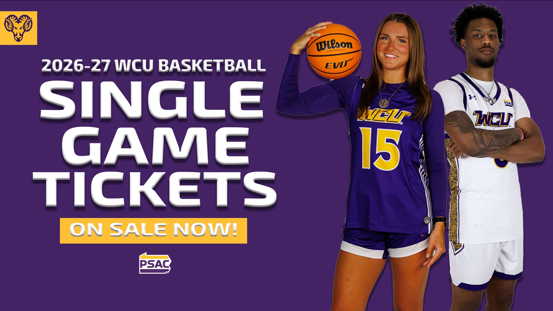 GRAPHIC ANNOUNCING SINGLE GAME BASKETBALL TICKET SALES WITH POSED PHOTOS OF ERIN DALEY WEARING PURPLE UNIFORM AND DAVANTE DENNIS WEARING HOME WHITE UNIFORM