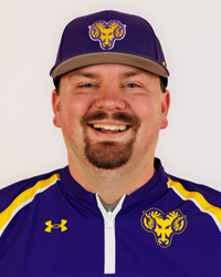 Charlie Cooper Head Shot Director of Player Development/Recruiting Coordinator Purple Batting Practice Warmup and Purple Hat