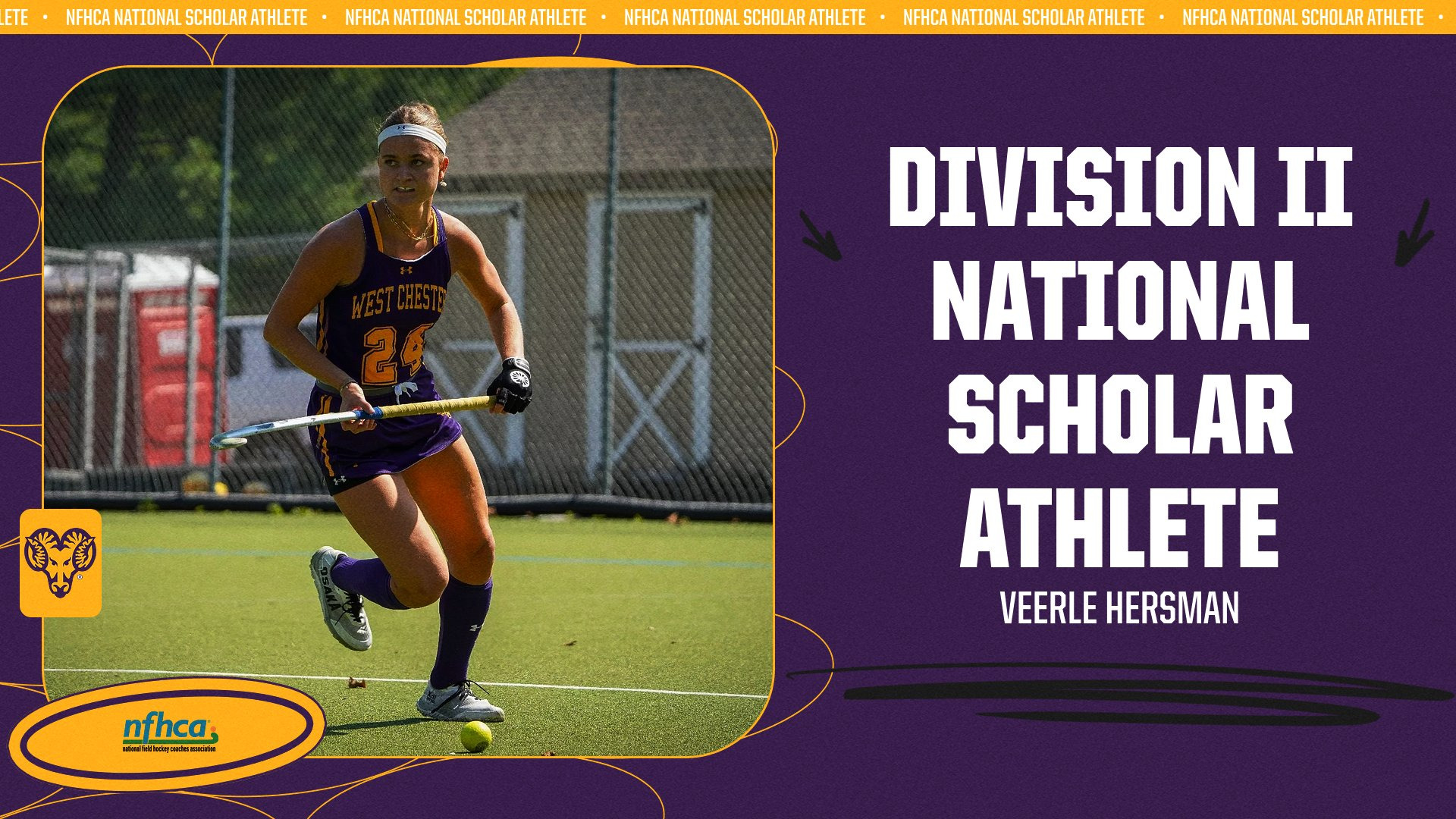 Veerle Hersman D2 National Scholar Athlete of the year graphic. Hersman photo advancing the ball during home game in purple uniforms
