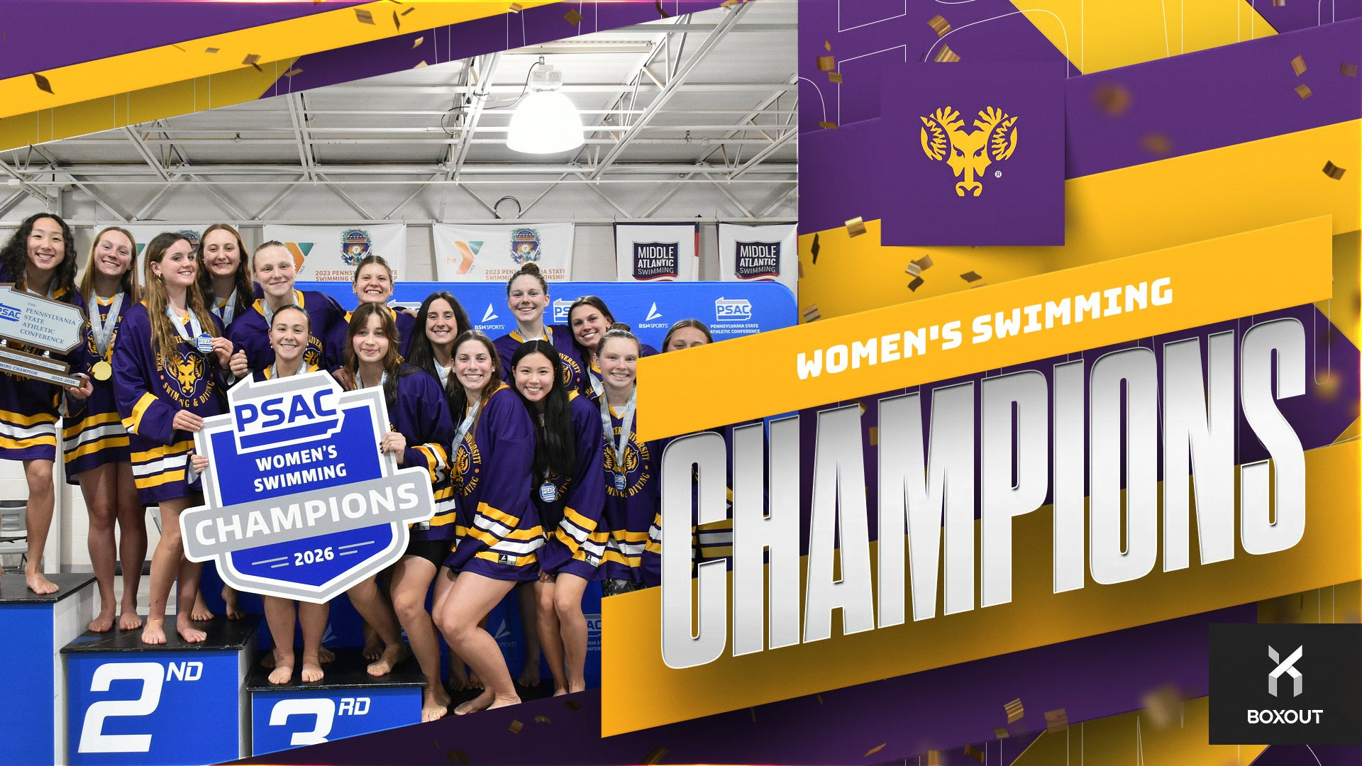 Women's Swimming Team crowds the championship podium with PSAC title sign