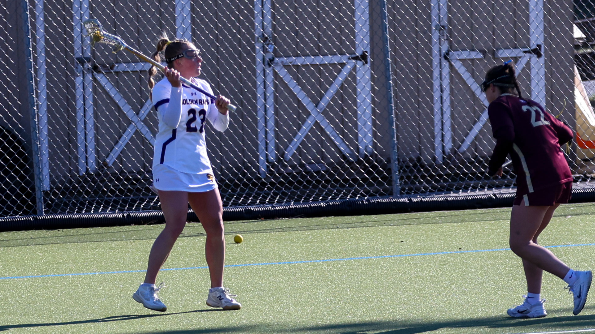 Lila McMahon Skates looks to pass vs Kutztown on 3-18-26 on Vonnie Gros Field