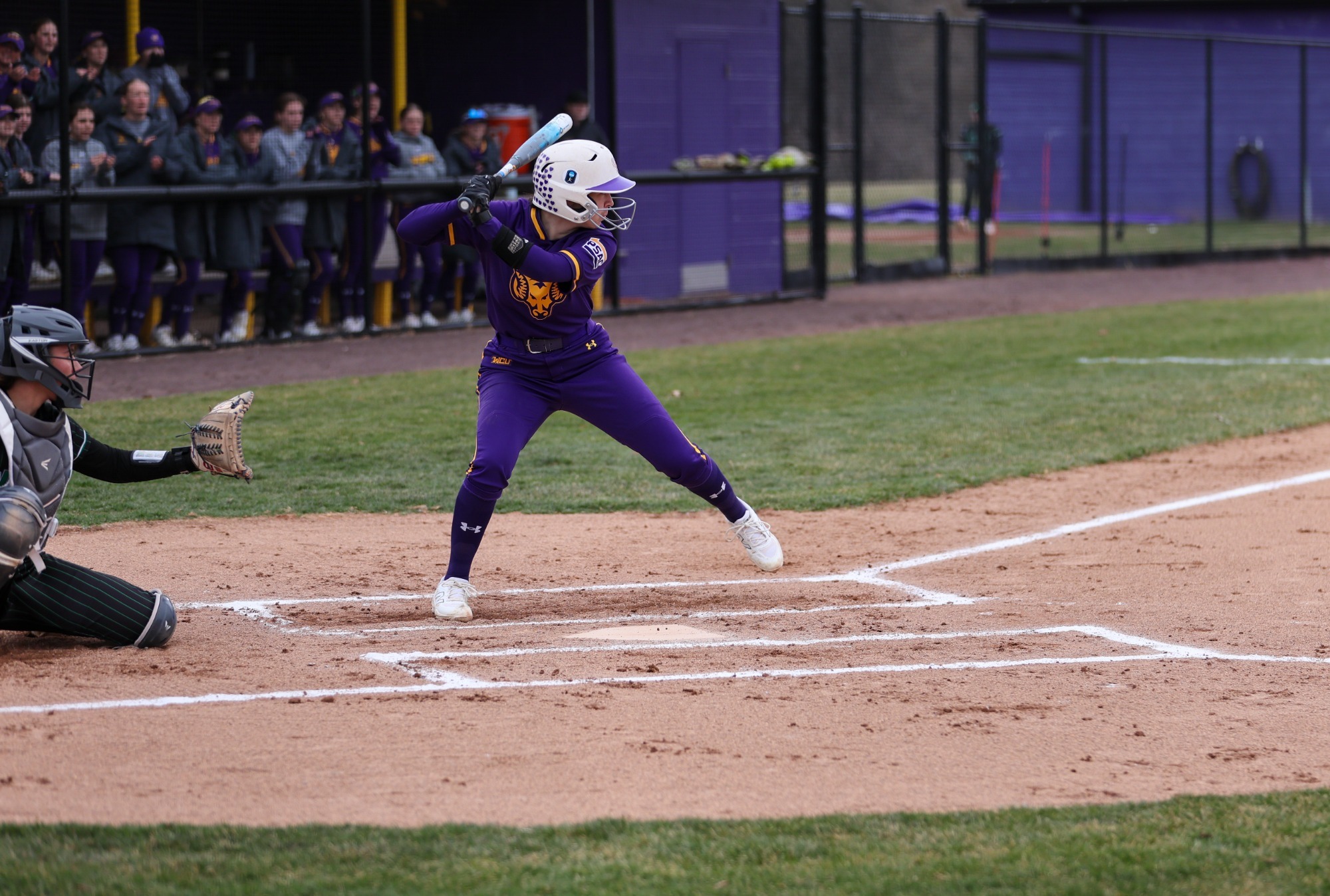 Danielle Ciliberto in new all purple uniforms batting vs Wilmington 