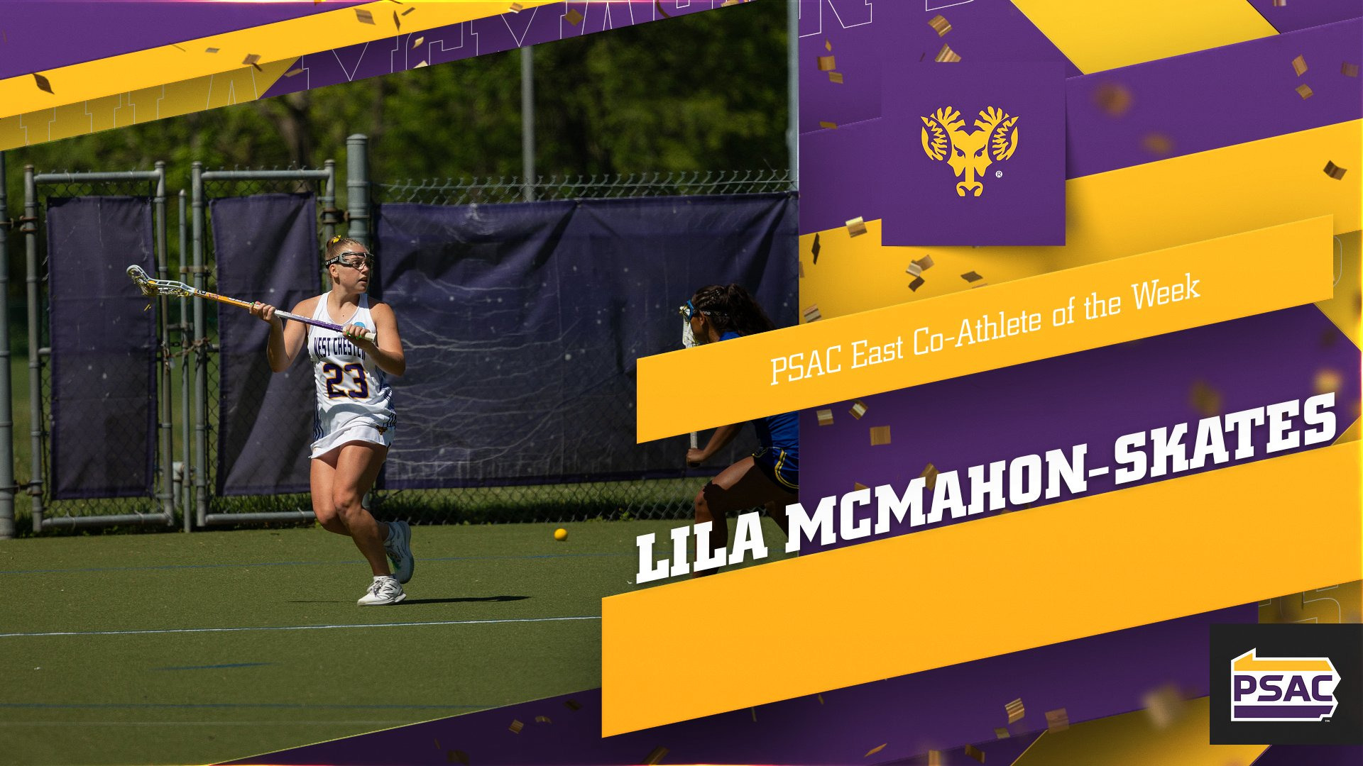 Lila McMahon-Skates Athlete of Week Graphic shows her looking to pass while running behind the goal cage in her white home jersey with purple trim and purple letters and numbers