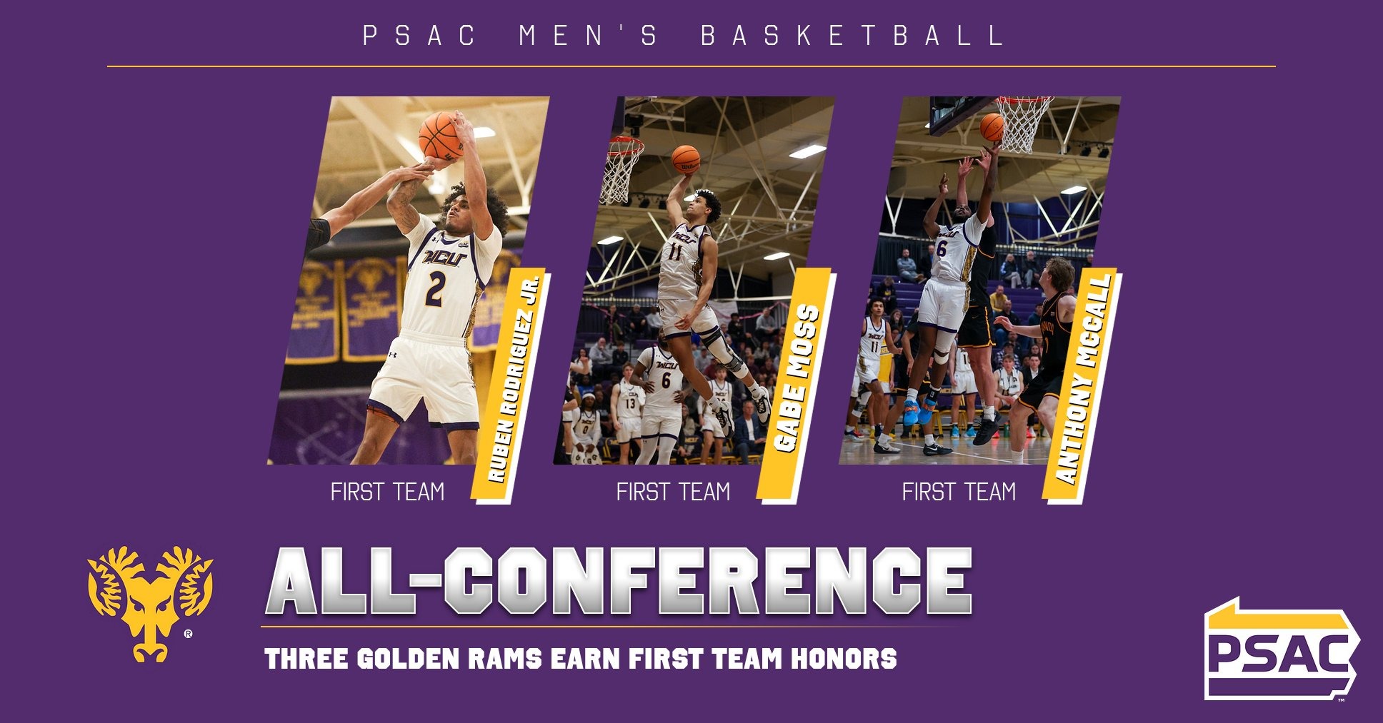 GRAPHIC ANNOUNCING RUBEN RODRIGUEZ JR, GABE MOSS, AND ANTHONY MCCALL AS PSAC EAST FIRST TEAM ALL-CONFERENCE SELECTIONS
