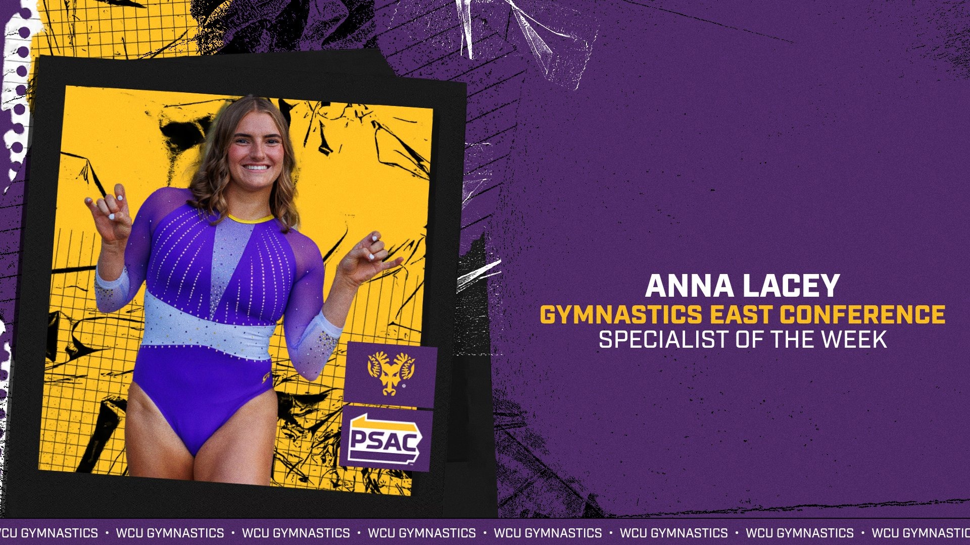 Graphic with Purple and Gold background and cut out of Anna Lacey announcing Lacey as Gymnastics East Specialist of the Week