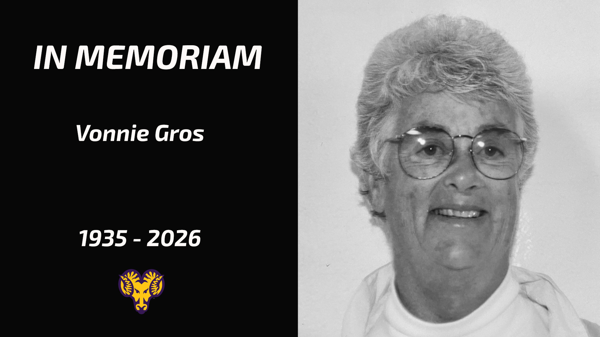 Vonnie Gros In Memoriam graphic. Vonnie Gros 1935-2026