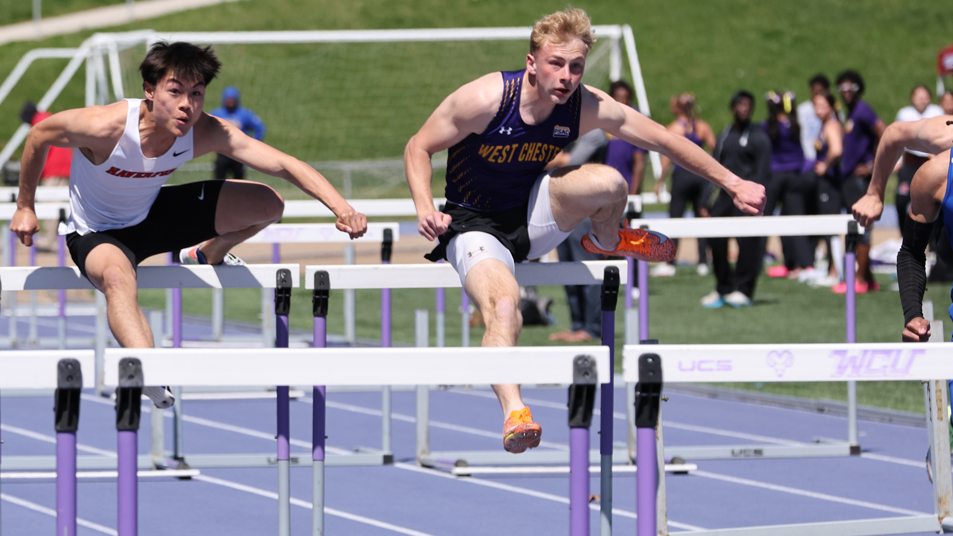 Ege Gunaydin competes in the finals of the 100m hurdles at Farrell Stadium