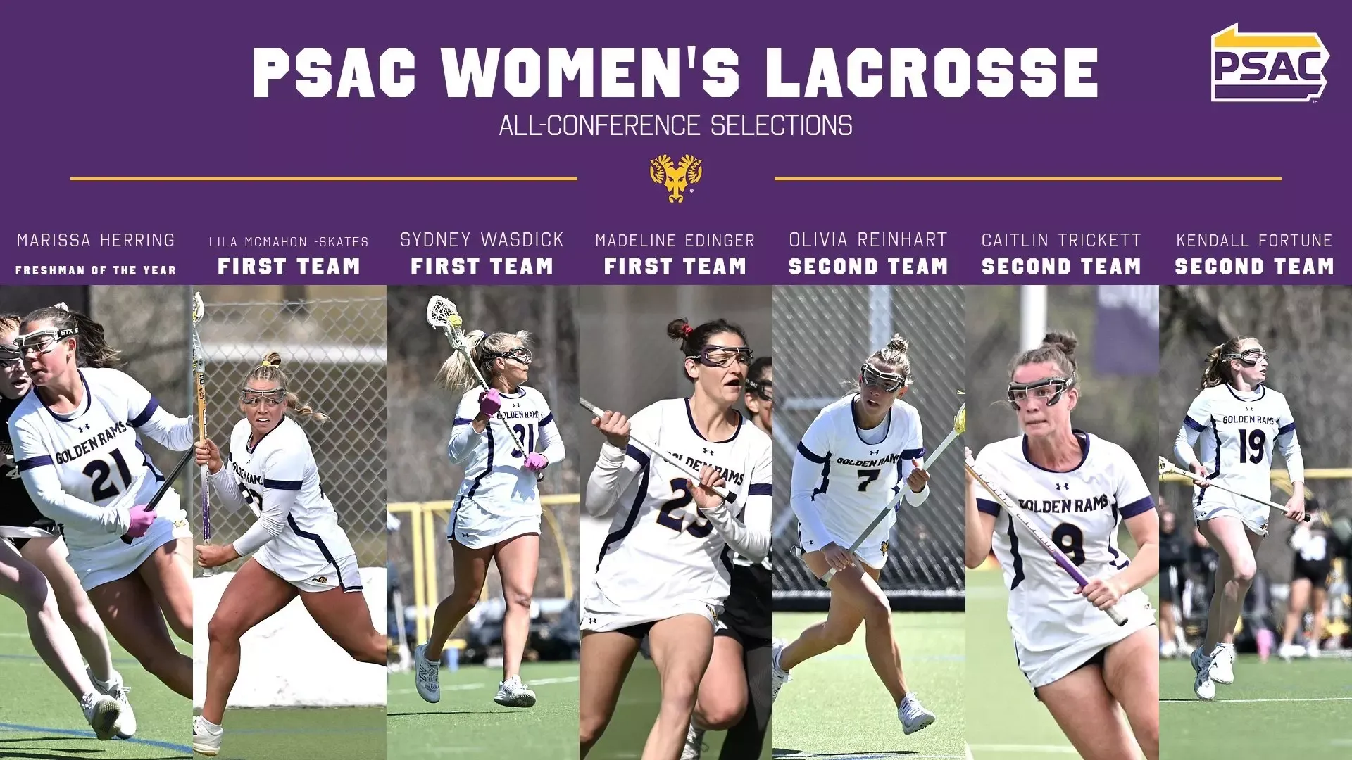 Graphic with Purple background and action shots of Marissa Herring, Sydney Wasidck, Madeline Edinger, Lila McMahon-Skates, Kendall Fortune, Olivia Reinhart, and Caitlin Trickett
