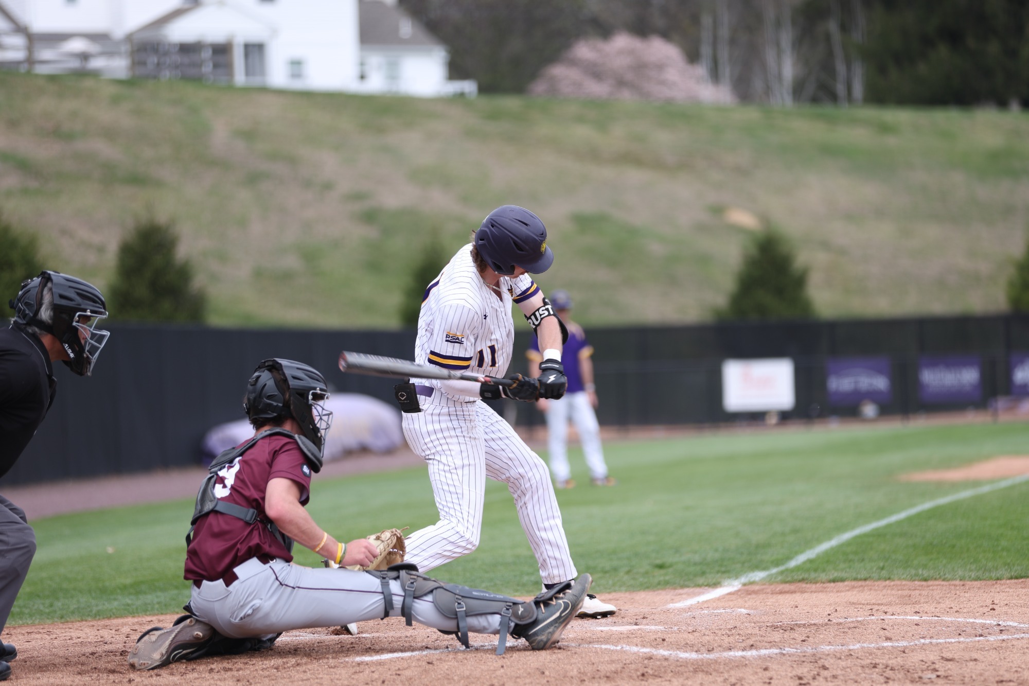 Carter Rust batting vs Kutztown in home white pinstripes on 4-4-26