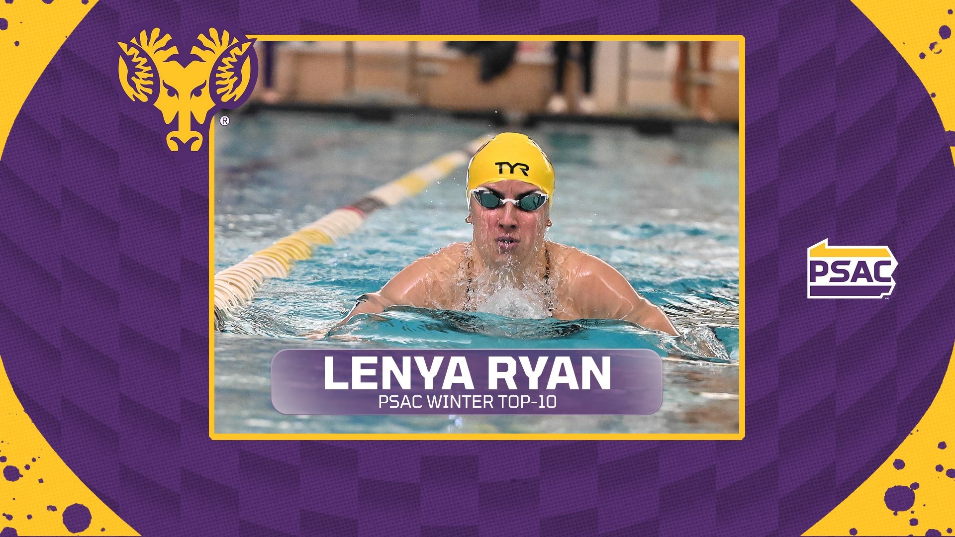 Graphic with purple and gold background announcing Lenya Ryan with picture of Ryan swimming in middle as PSAC Winter Top 10 Honoree