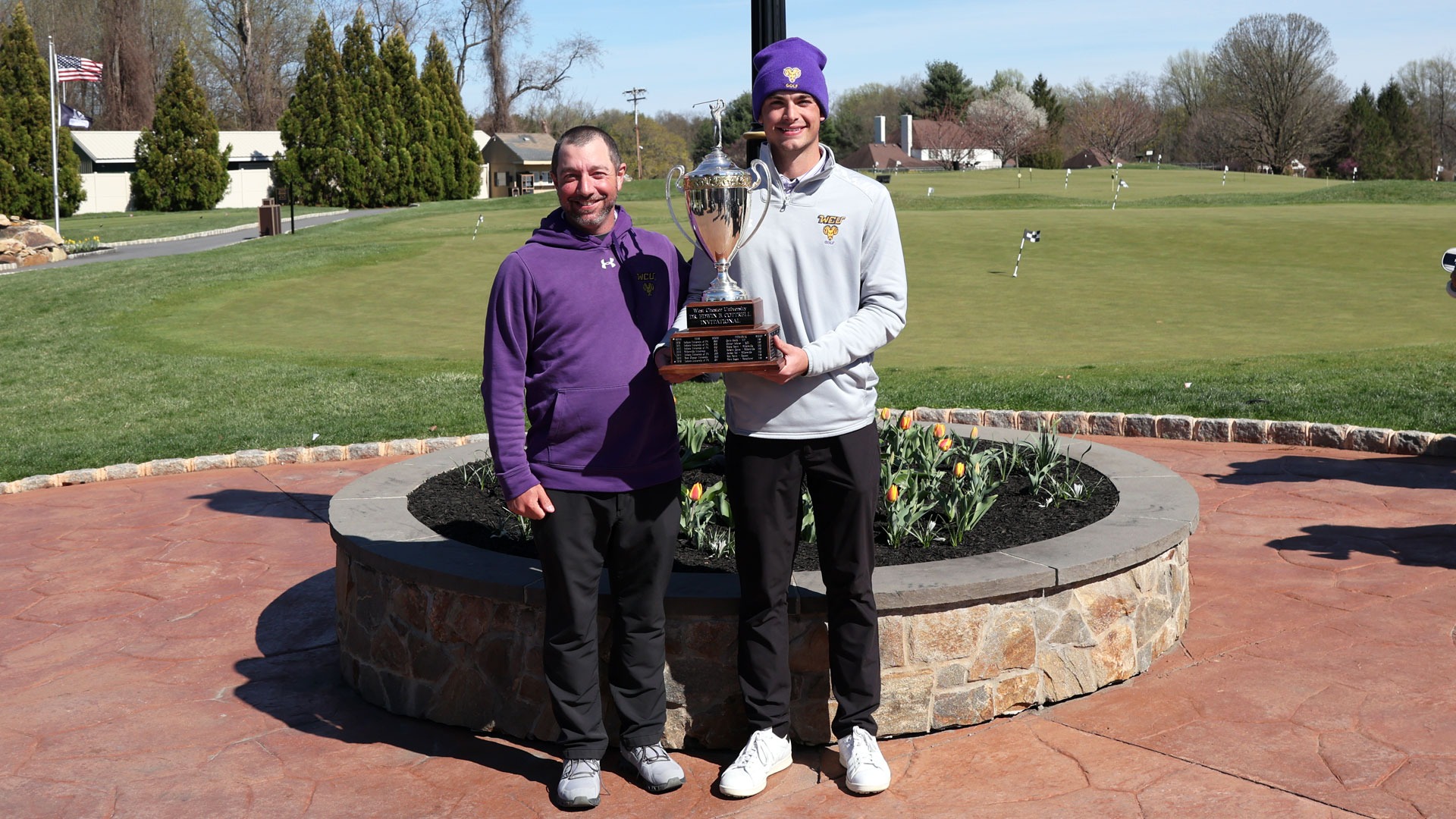 Will Hilton pictured with Chris Merce and the Dr. Edwin B. Cottrell Championship trophy after he won the individual title on Tuesday afternoon with a 36-hole score of +4