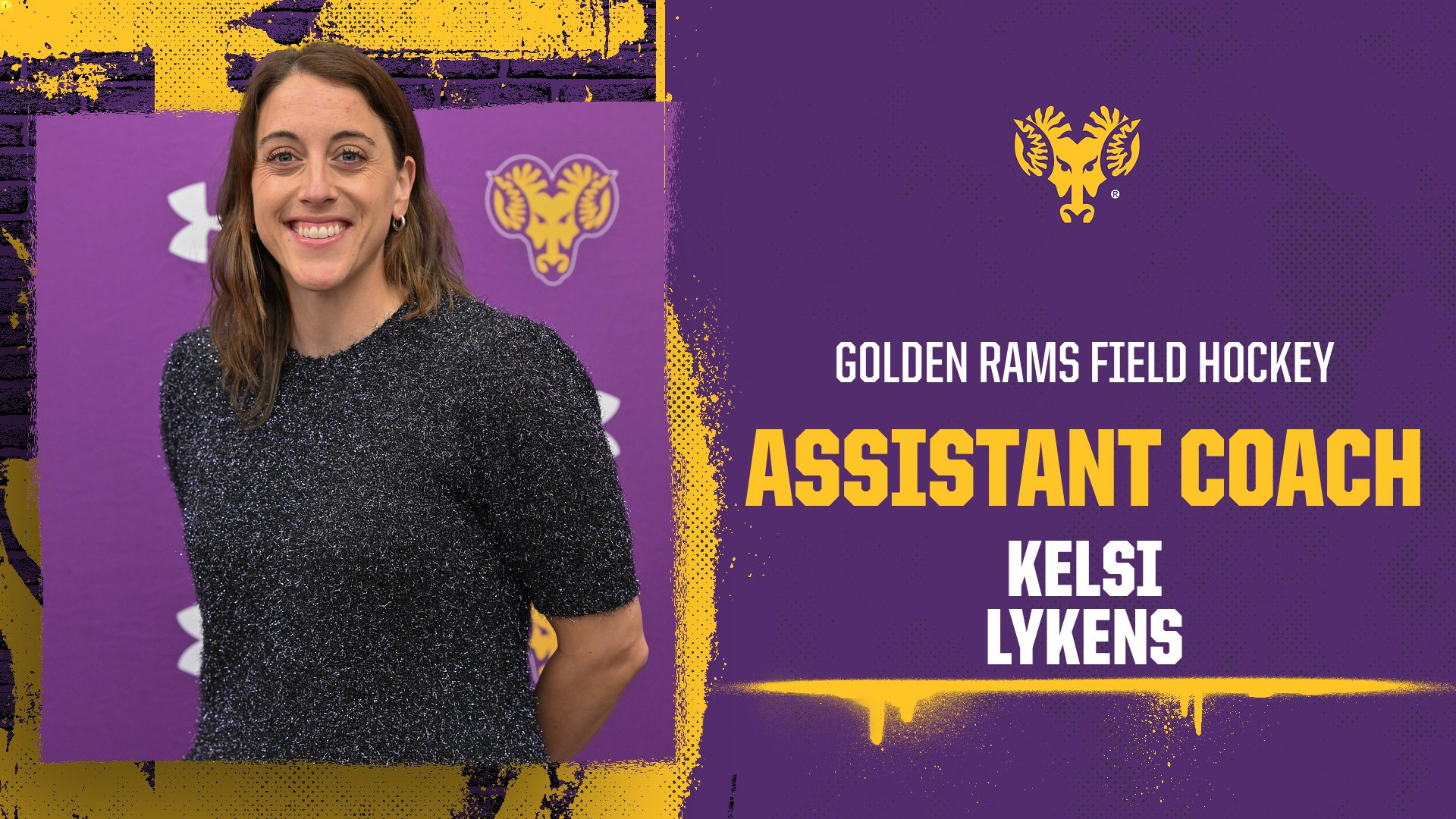 Kelsi Lykens graphic introducing her as the new field hockey assistant coach. She is standing in front of a WCU Athletics backdrop with the ram head logo and Under Armour logo repeating. She is wearing a black blouse