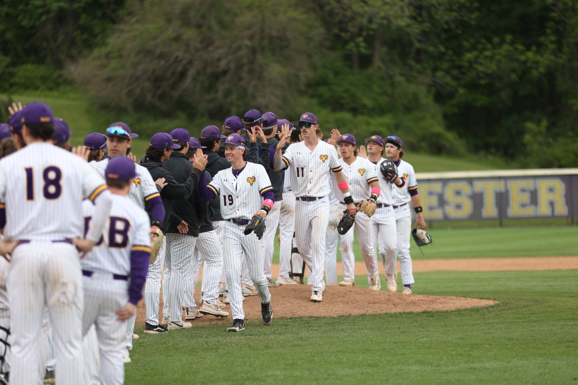 BASEBALL NCAA TOURNAMENT HANDSHAKE LINE FOLLOWING VICTORY OVER ESU BASEBALL TEAM WEARING HOME WHITE PINSTRIPES FOLLOWING FRIDAY VICTORY OVER ES