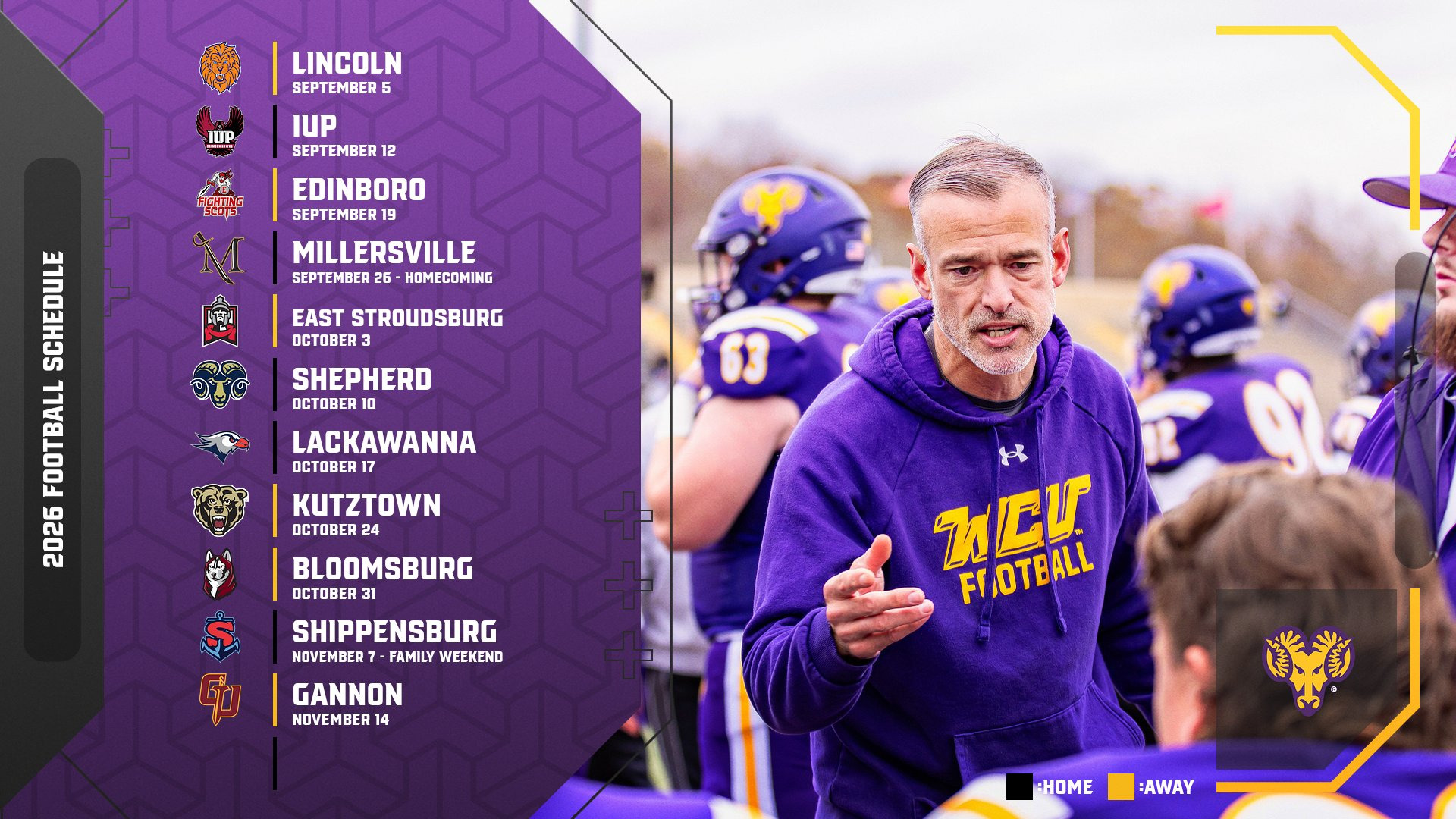 2026 Football Schedule with the 11-games listed on the left next to each opponent's logo and a photo of WCU head coach Duke Greco talking to some players on the sideline.