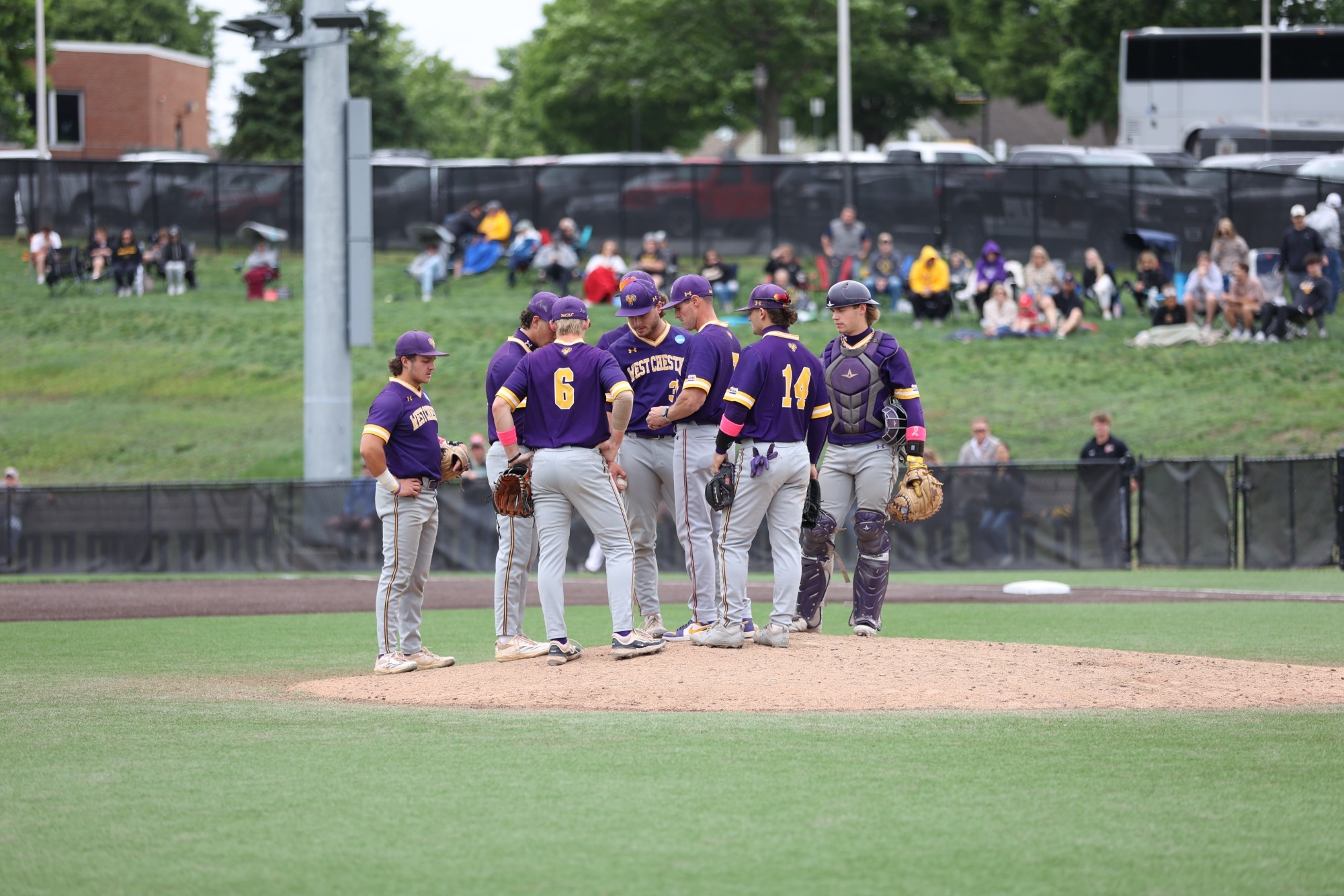 MIKE LAROSA TALKS TO HIS INFIELD ON THE MOUND AT SUPER REGIONALS AT MILLERSVILLE IN GAME TWO ON FRIDAY