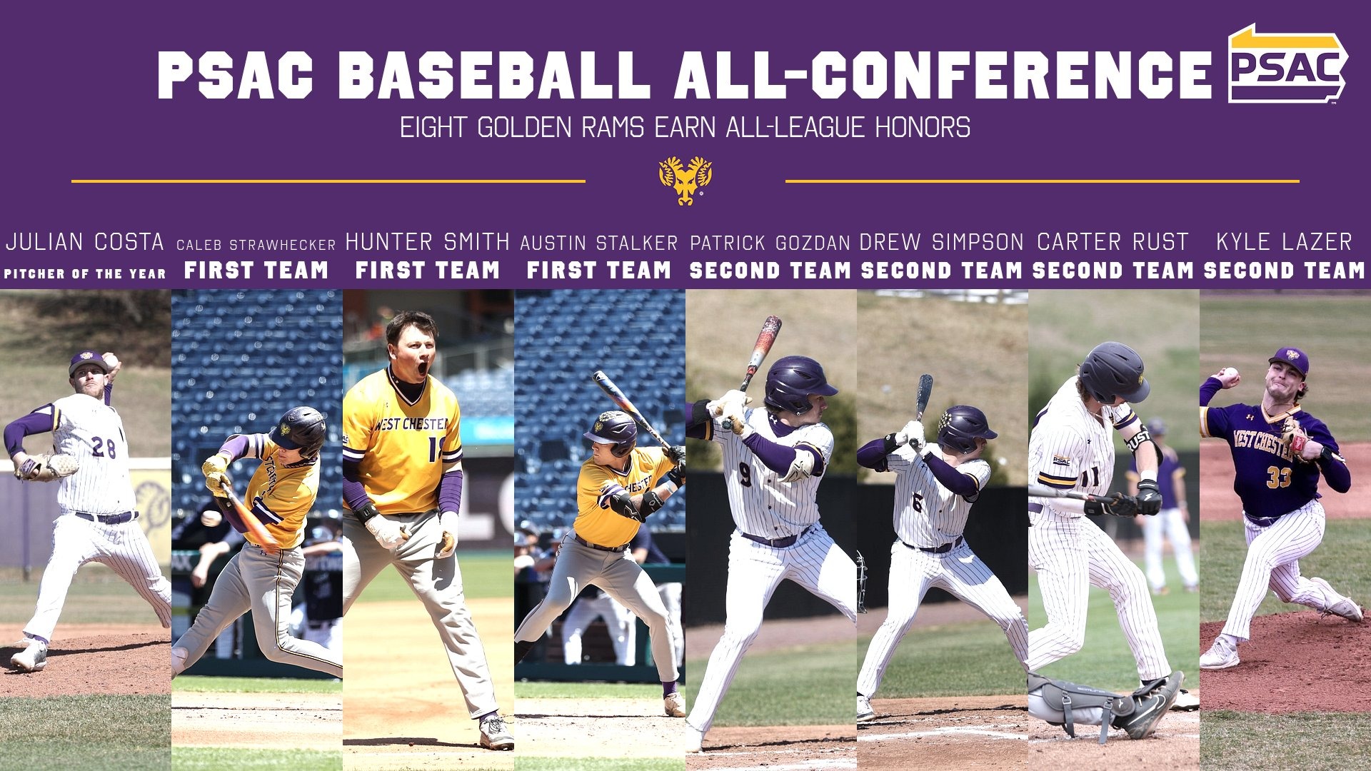 EIGHT GOLDEN RAMS EARN ALL-LEAGUE HONORS- JULIAN COSTA (ALSO PITCHER OF THE YEAR), CALEB STRAWHECKER, HUNTER SMITH, AND AUSTIN STALKER NAMED TO FIRST TEAM, PATRICK GOZDAN, DREW SIMPSON, CARTER RUST, AND KYLE LAZER NAMED SECOND TEAM