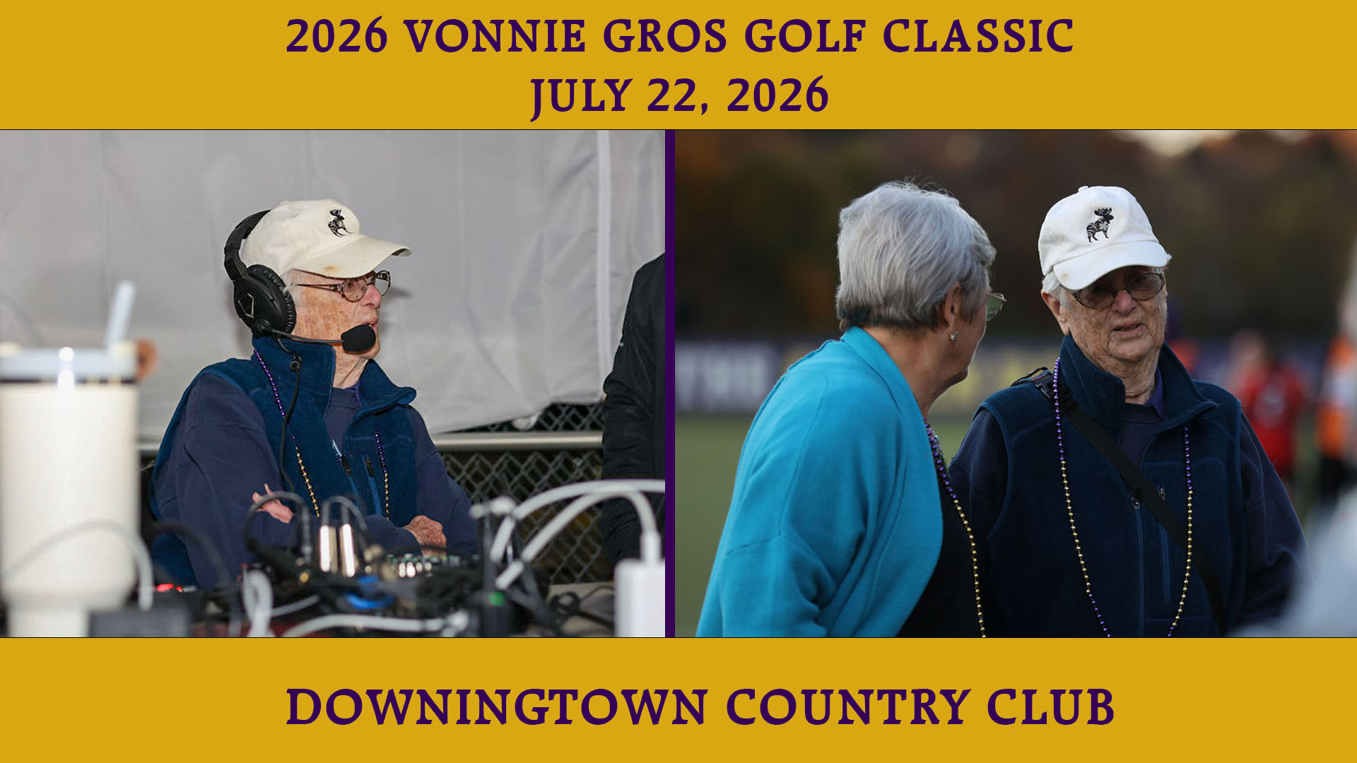 Vonnie Gros being interviewed on the broadcast of a field hockey game wearing a white hat and blue half-zip jacket. Second photo to the right is Vonnie Gros and former player Dr. Eve Atkinson talking on the field before a field hockey game.
