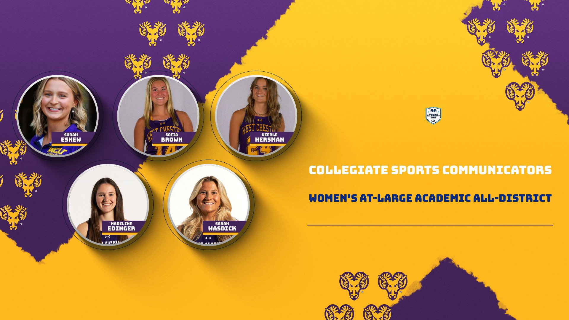 CSC Women's At-Large Graphic with head shots of recipients (Top L to R): Sarah Eskew, Sofia Brown, Veerle Hersman. (Bottom L to R): Madeline Edinger, Sydney Wasdick.