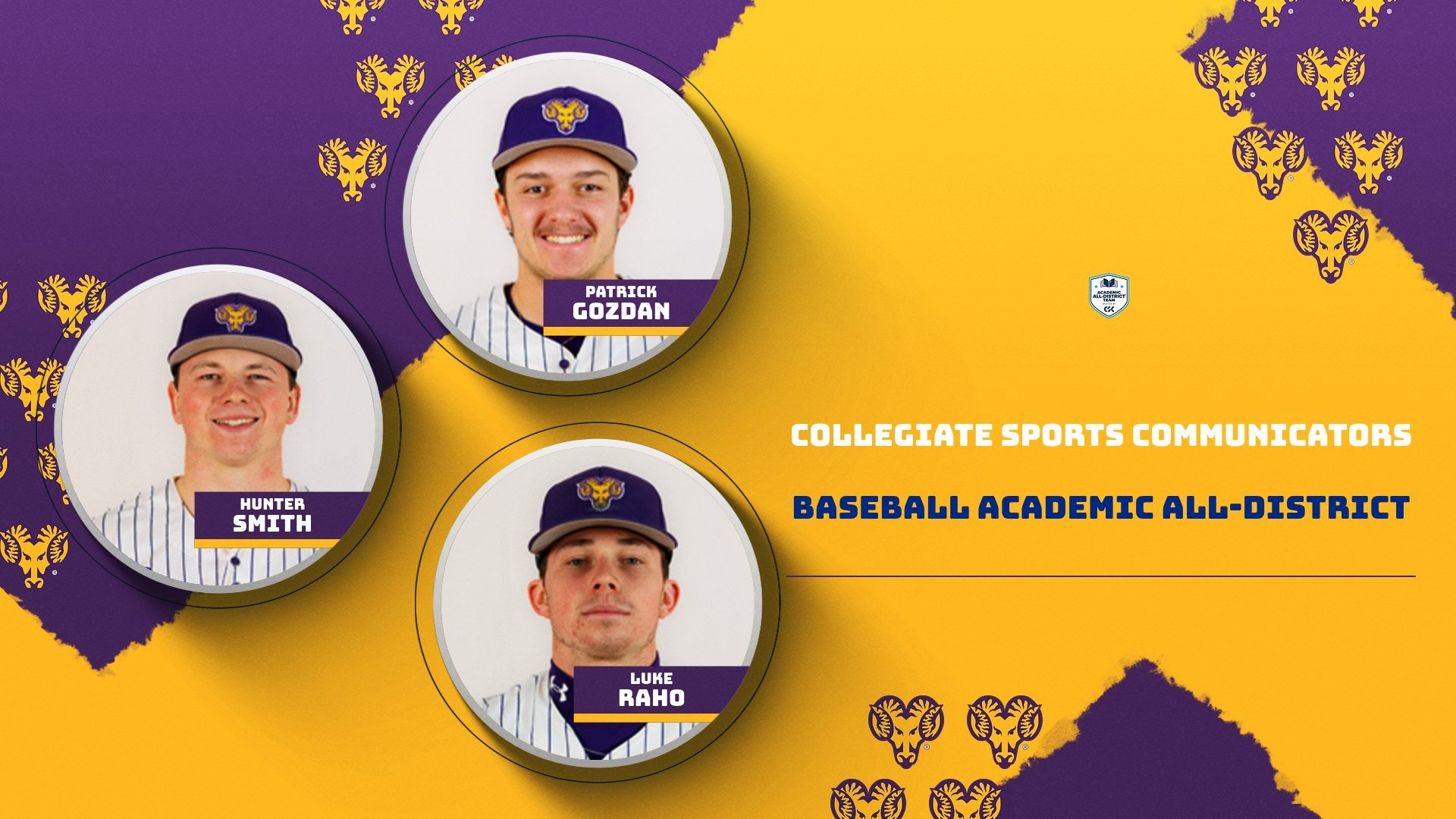 GRAPHIC ANNOUNCING PATRICK GOZDAN, HUNTER SMITH, AND LUKE RAHO AS CSC ACADEMIC ALL-DISTRICT SELECTIONS