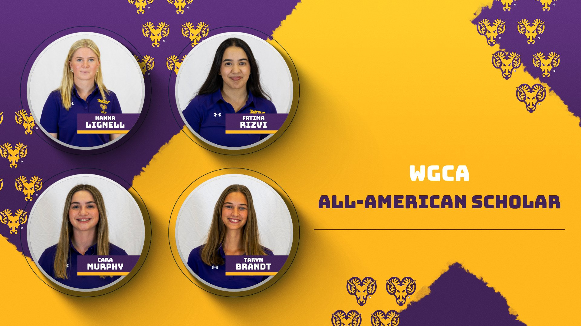 Graphic with head shots of West Chester University's four women's golfers named to the 2025-26 WGCA All-American Scholar Team