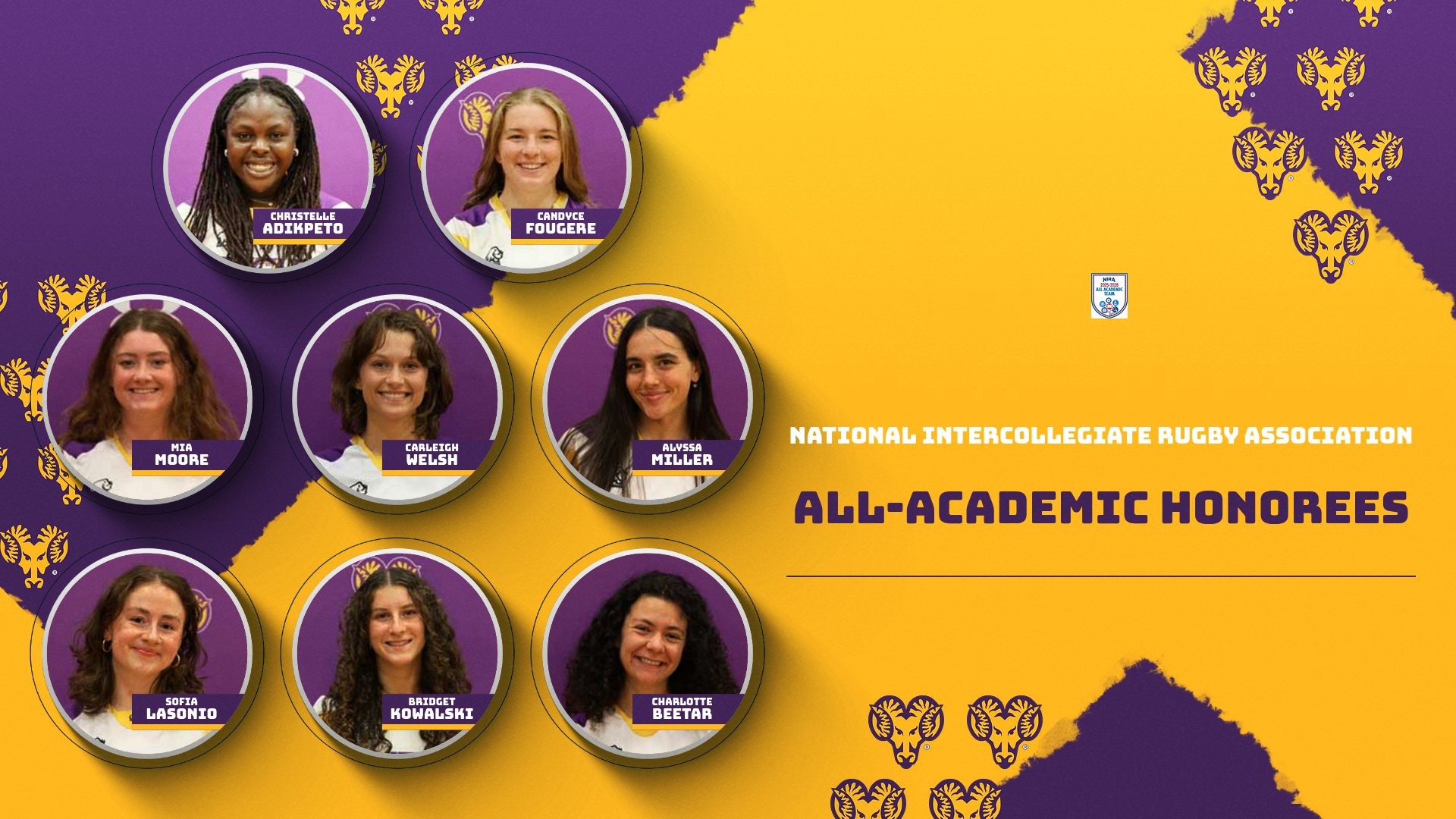GRAPHIC FOR NIRA ALL ACADEMIC STORY WITH HEADSHOTS OF CHRISTELLE ADIKPETO, CANDYCE FOUGERE, MIA MOORE, CHARLOTTE BEETAR, SOFIA LASONIO, BRIDGET KOWALSKI, CARLEIGH WELSH, AND ALYSSA MILLER