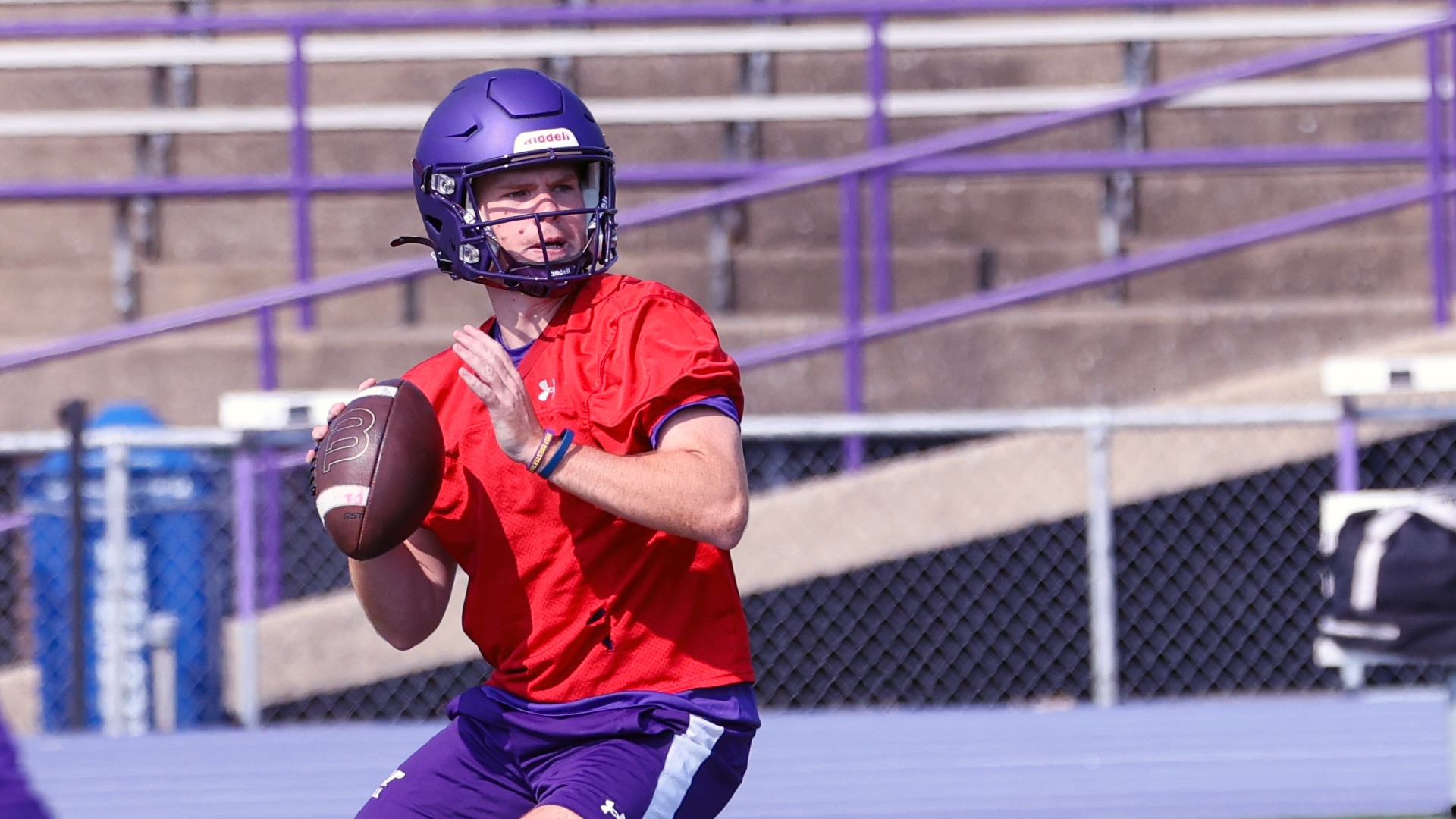 West Chester QB drops back to pass in a practice session at Farrell Stadium