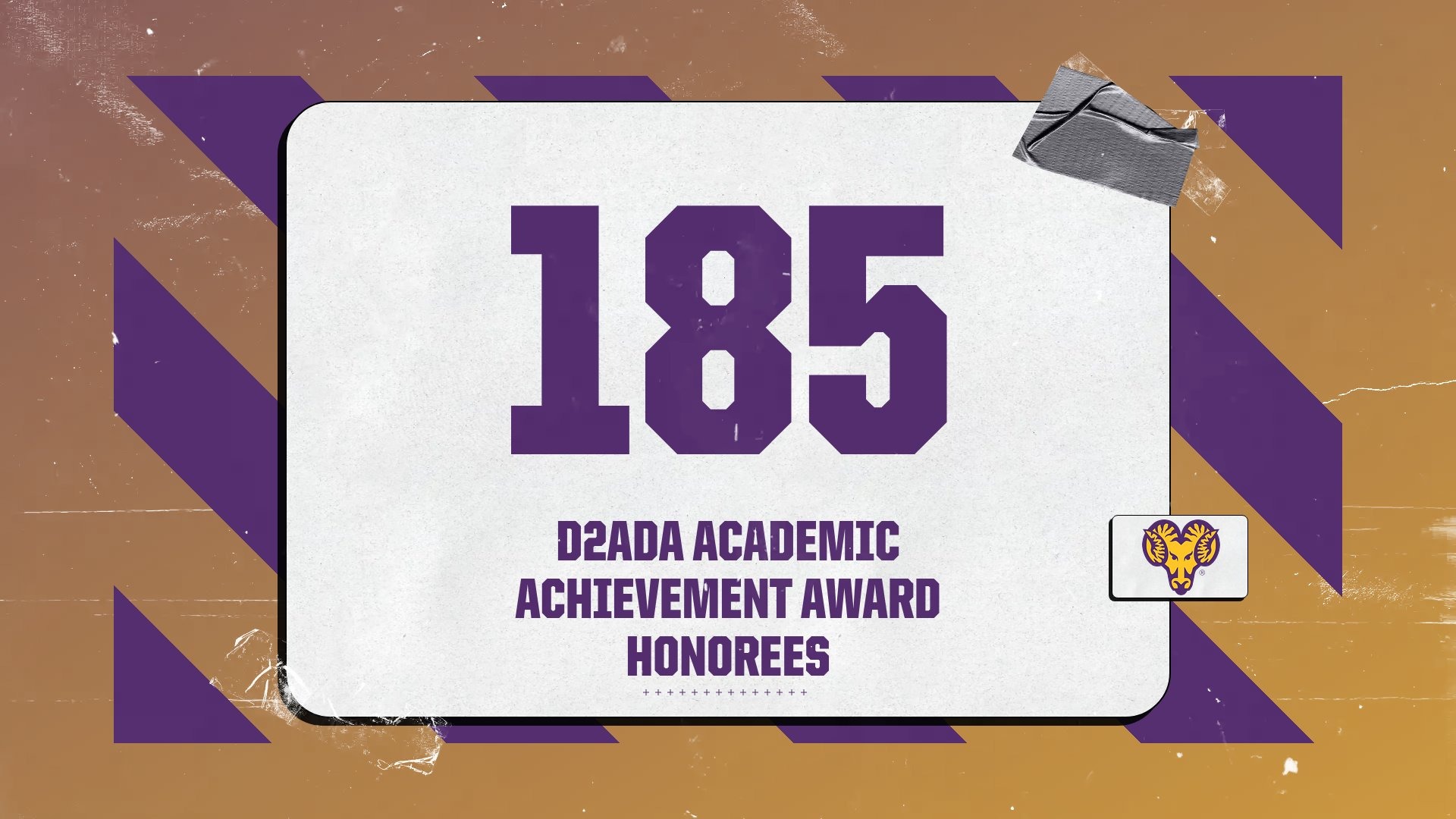 185 WCU Student Athletes named to D2ADA Academic Achievement Award list. 185 in purple text in the middle of the graphic with purple and gold stripes behind it