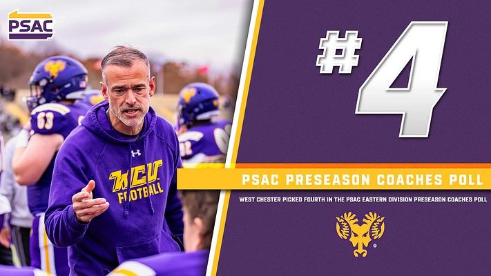 GRAPHIC SHOWING WCU PICKED FOURTH IN PSAC EAST PRESEASON POLL WITH ACTION SHOT OF HC DUKE GRECO TALKING TO HIS TEAM AT A ROAD GAME