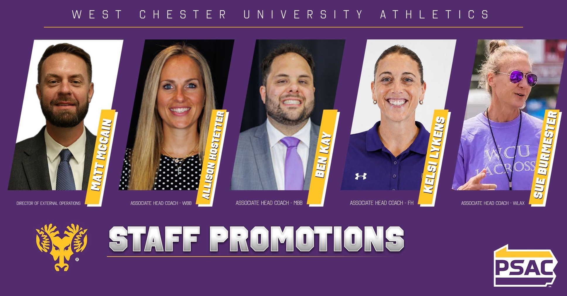 WCU Athletics Announces staff promotions of Matt McCain, Allison Hostetter, Ben Kay, Kelsi Lykens, and Sue Burmester with headshots of McCain, Hostetter, Kay, Lykens, and Burmester going left to right on a purple background