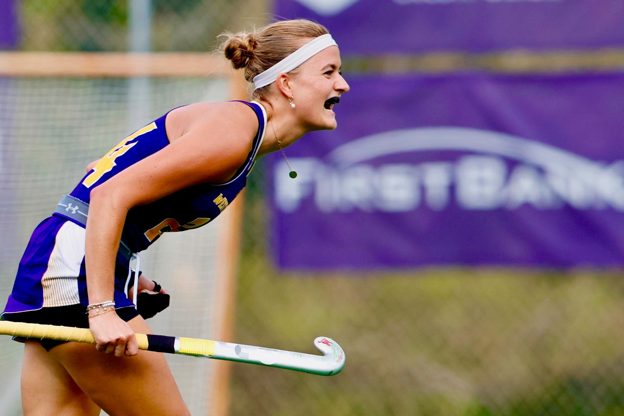 Veerle Hersman celebrates a goal against Millersville at home in West Chester's purple uniforms