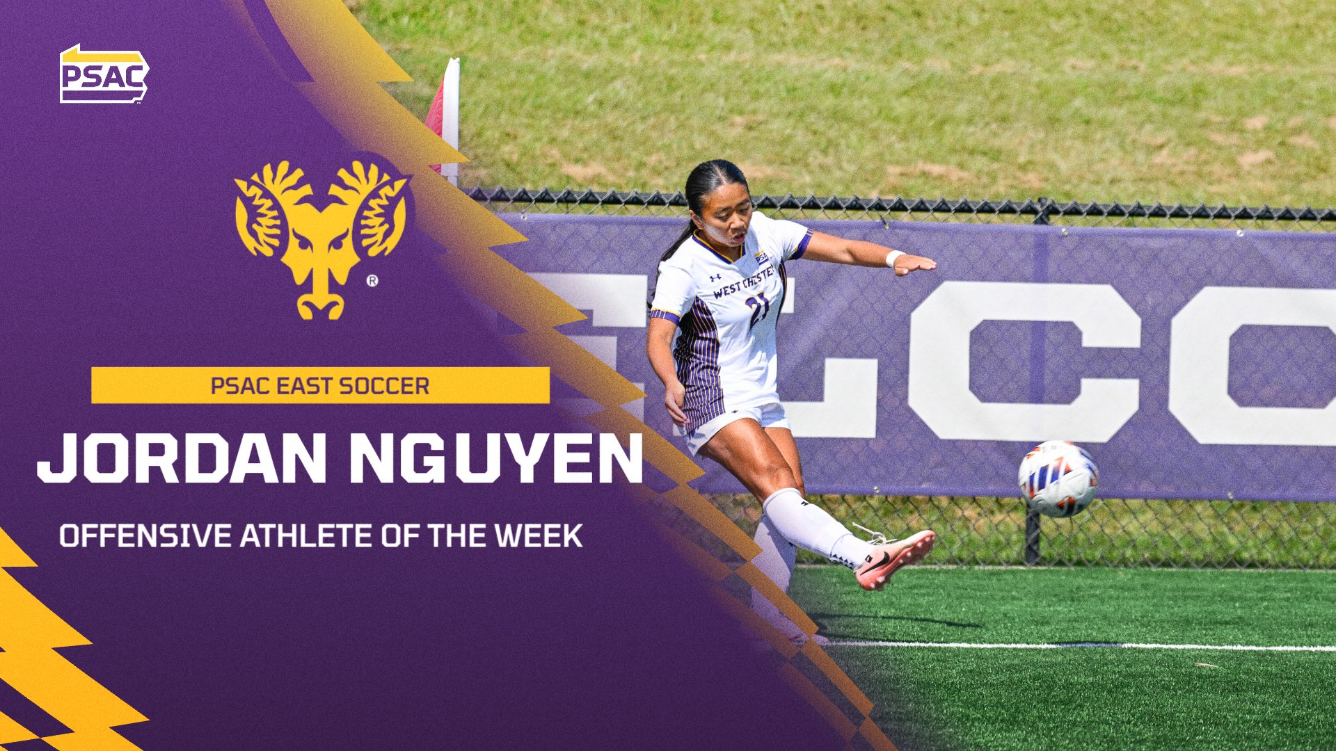 GRAPHIC ANNOUNCING JORDAN NGUYEN AS PSAC EAST OFFENSIVE ATHLETE OF THE WEEK. NGUYEN WEARING HOME WHITE KIT TAKES A CORNER IN FRONT OF A ROCKWELL FIELD WINDSCREEN ON SATURDAY VS MANSFIELD
