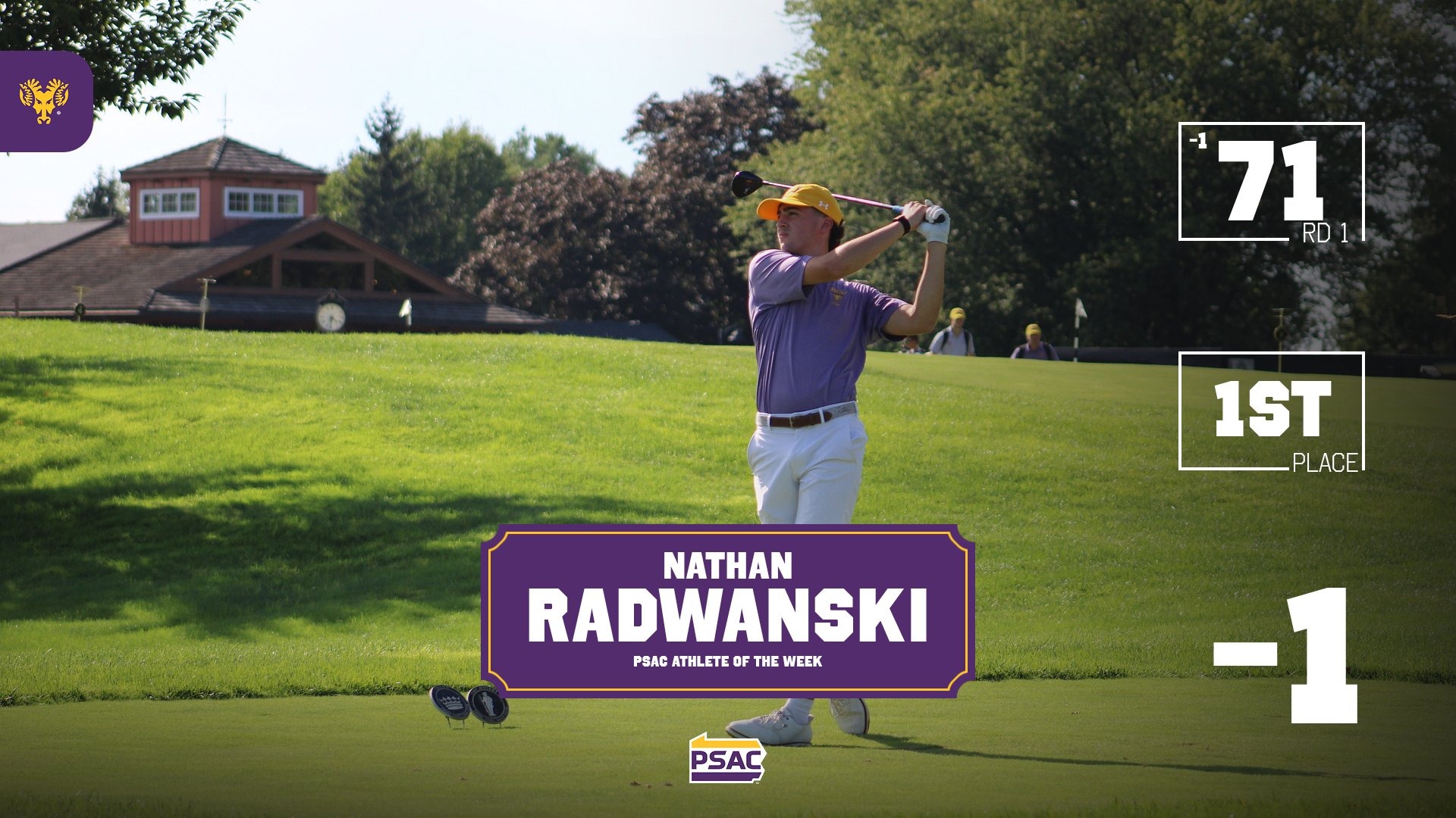 GRAPHIC WITH ACTION SHOT OF RADWANSKI TEEING OFF AND HIS -1 71 IN THE OPENING ROUND OF THE WCU BATTLEFIELD CLASSIC WITH HIM FINISHING FIRST TO EARN PSAC ATHLETE OF THE WEEK HONORS