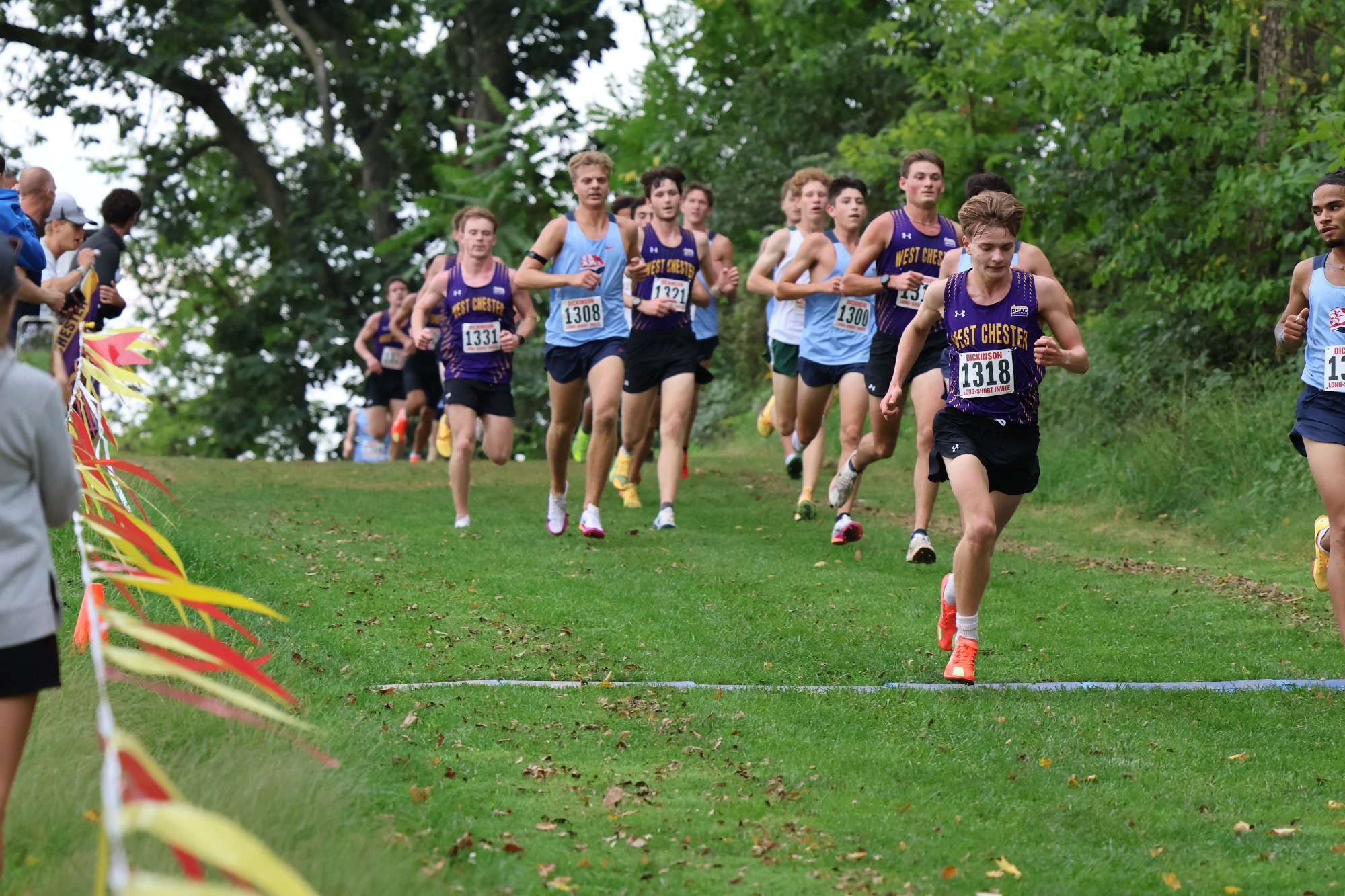 Men's Cross Country group of runners running down hill at Dickinson Long-Short Invitational