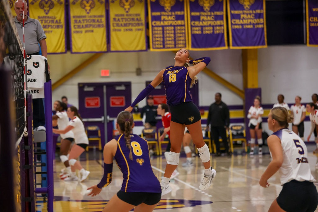 GWEN ATKINS WEARING PURPLE SLEEVELESS TOP WITH GOLD PIPING SWINGS FOR AN ATTACK AGAINST WVSU AT PSAC EAST KICKOFF TOURNAMENT