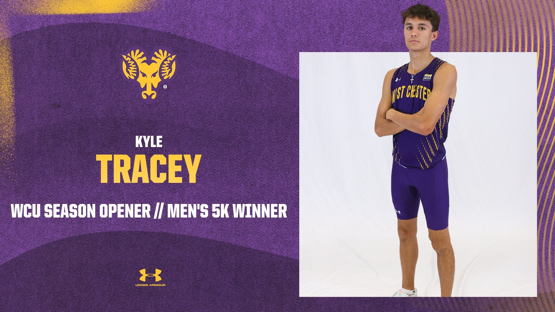 KYLE TRACEY WINS MEN'S 5K AT WCU SEASON OPENER. Purple graphic with cutout photo of Tracey with arms crossed wearing WCU racing top