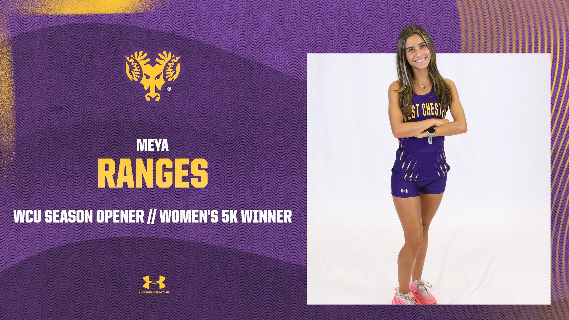 MEYA RANGES WOMEN'S 5K CHAMPION AT WCU SEASON OPENER. RANGES WEARING PURPLE RACING TOP WITH ARMS CROSSED ON PREDOMINANTLY PURPLE GRAPHIC WITH GOLD TEXT