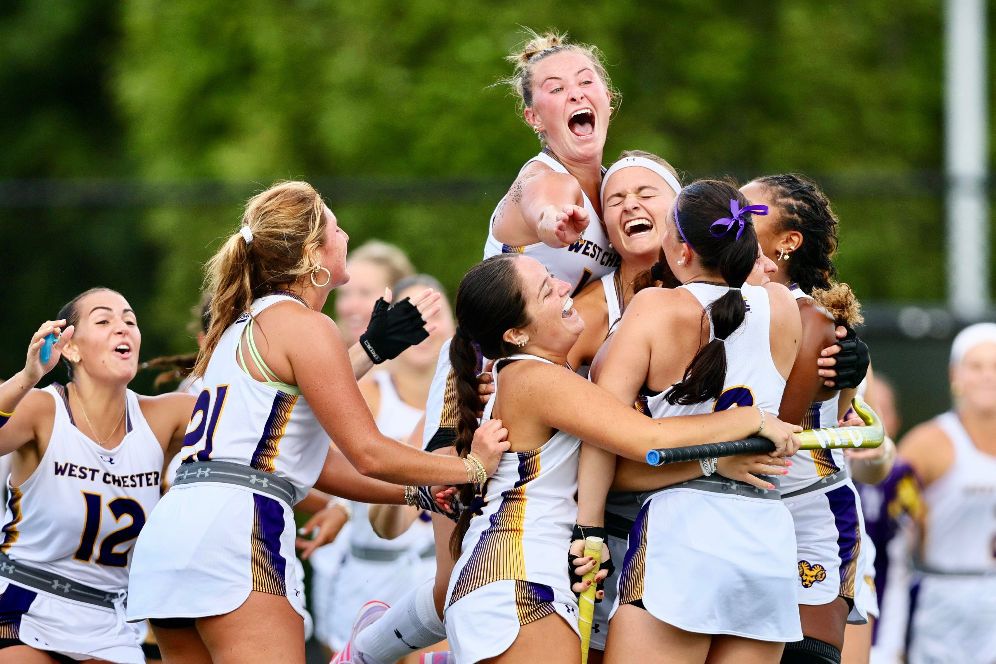 Sofia Brown celebrates West Chester's overtime winner at Adelphi Sunday