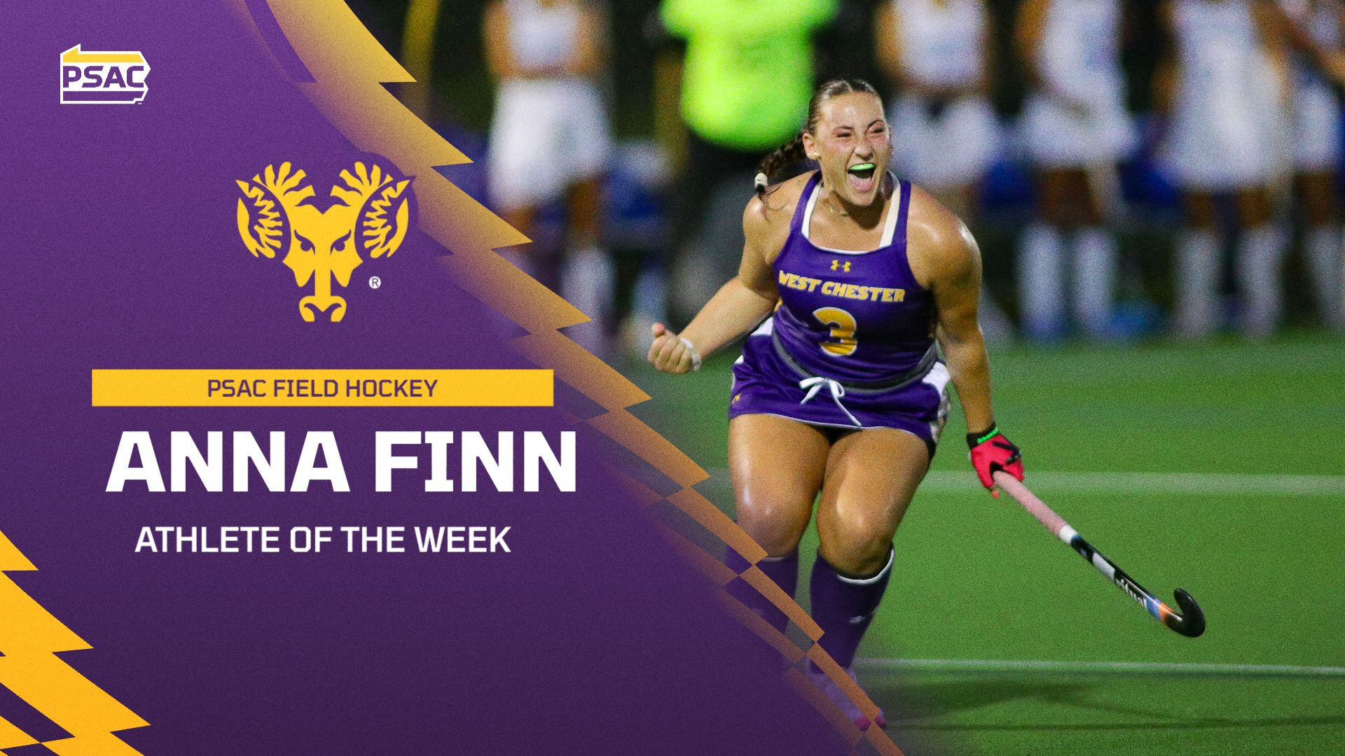 Anna Finn Athlete of the Week Graphic. Finn celebrates a goal at night against Assumption in her purple uniform with white and gold trim.