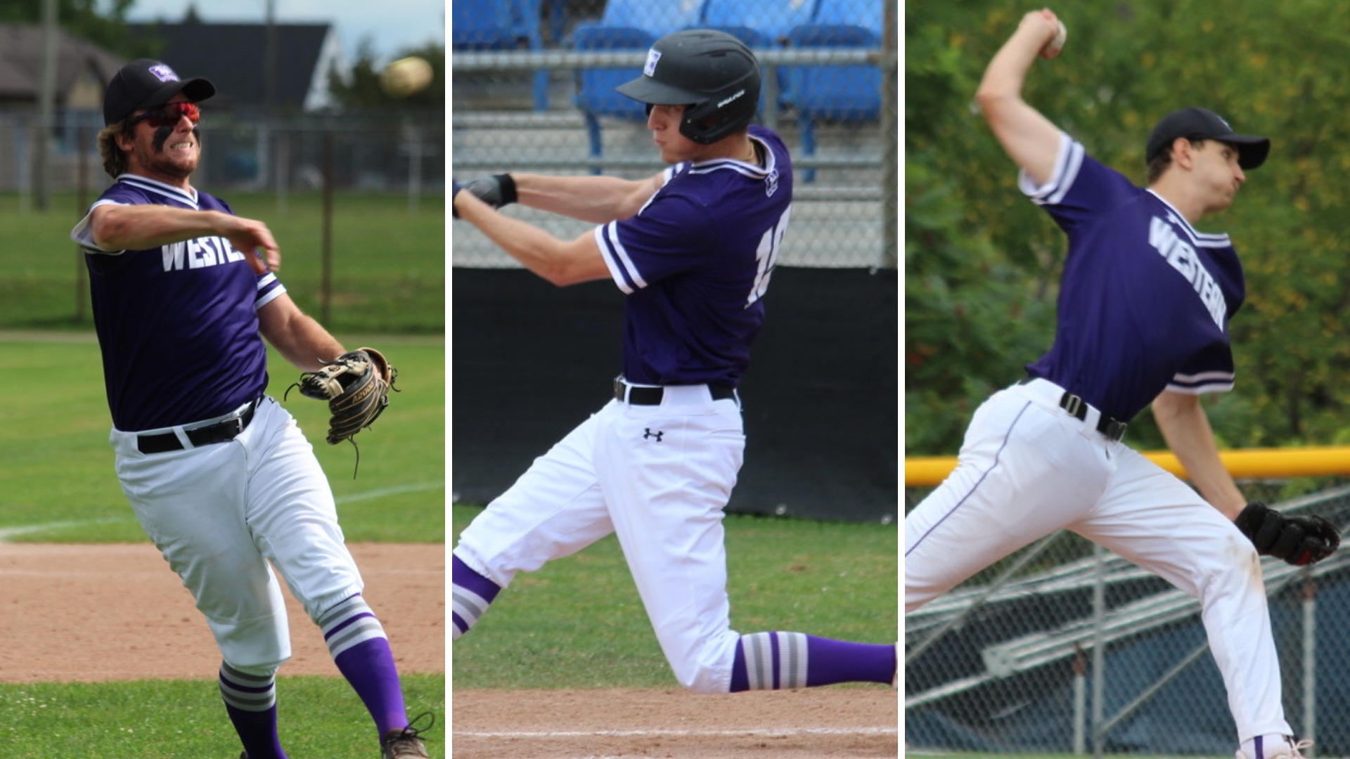 A trio of Mustangs Baseball players including a fielder, batter & pitcher